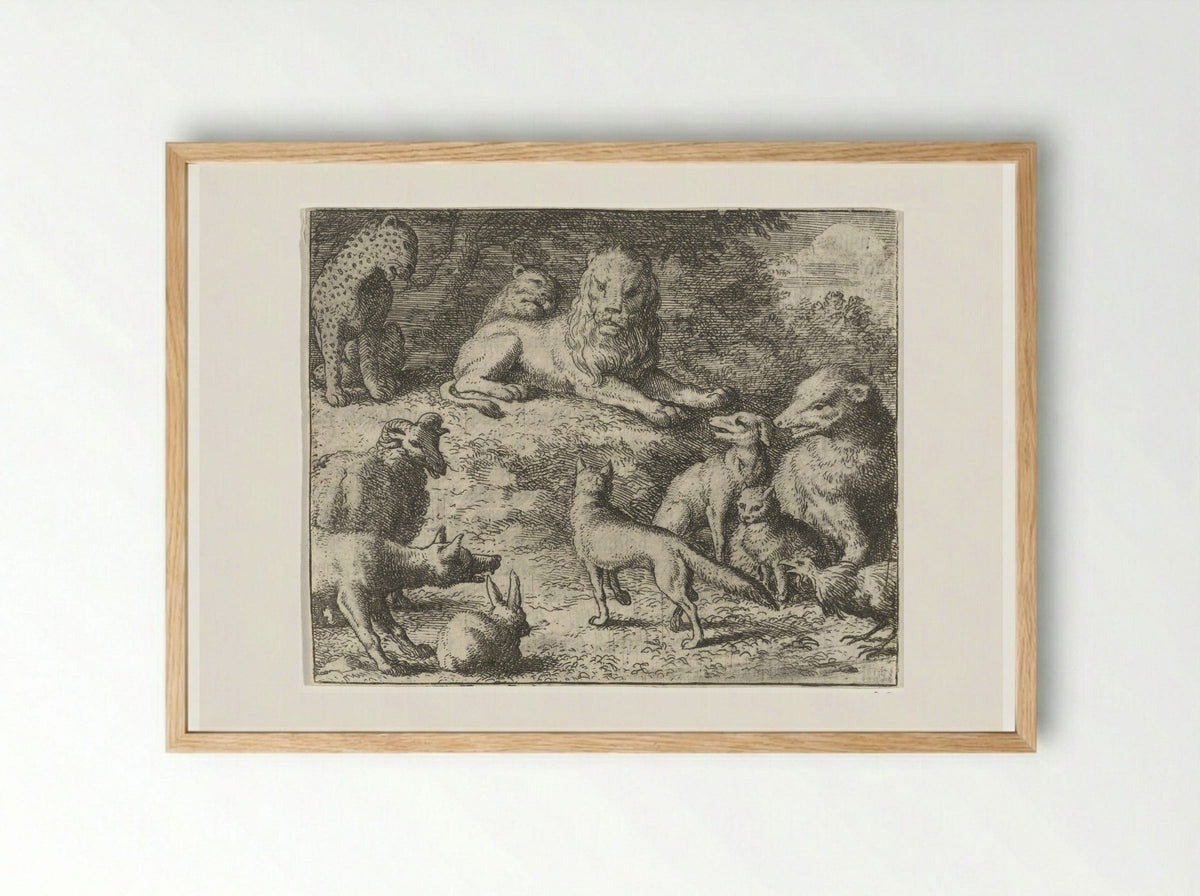 Reinaert de vos verschijnt voor het gerecht - Allaert van Everdingen - Framed Print Wood