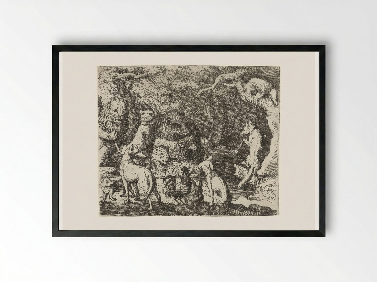 Reinaert de vos vraagt toestemming om te bekennen - Allaert van Everdingen - Framed Print Black