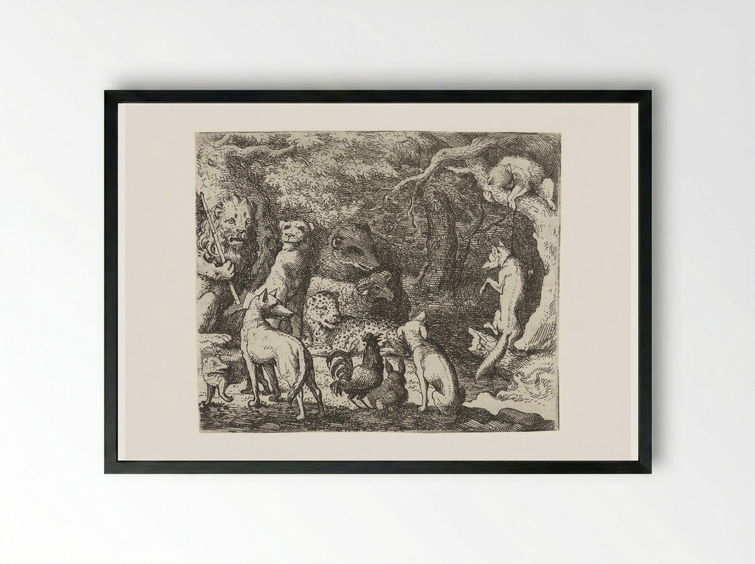 Reinaert de vos vraagt toestemming om te bekennen - Allaert van Everdingen - Framed Print Black
