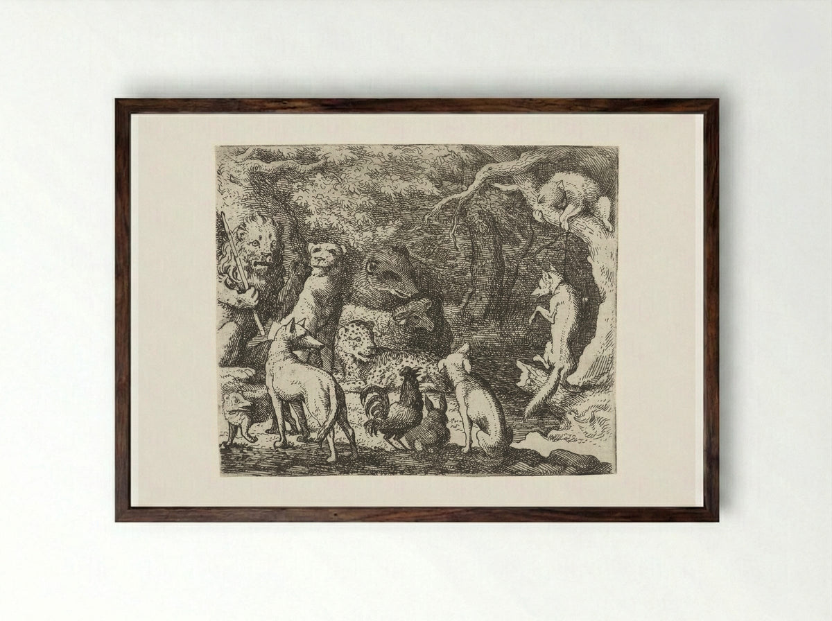 Reinaert de vos vraagt toestemming om te bekennen - Allaert van Everdingen - Framed Print Dark Wood