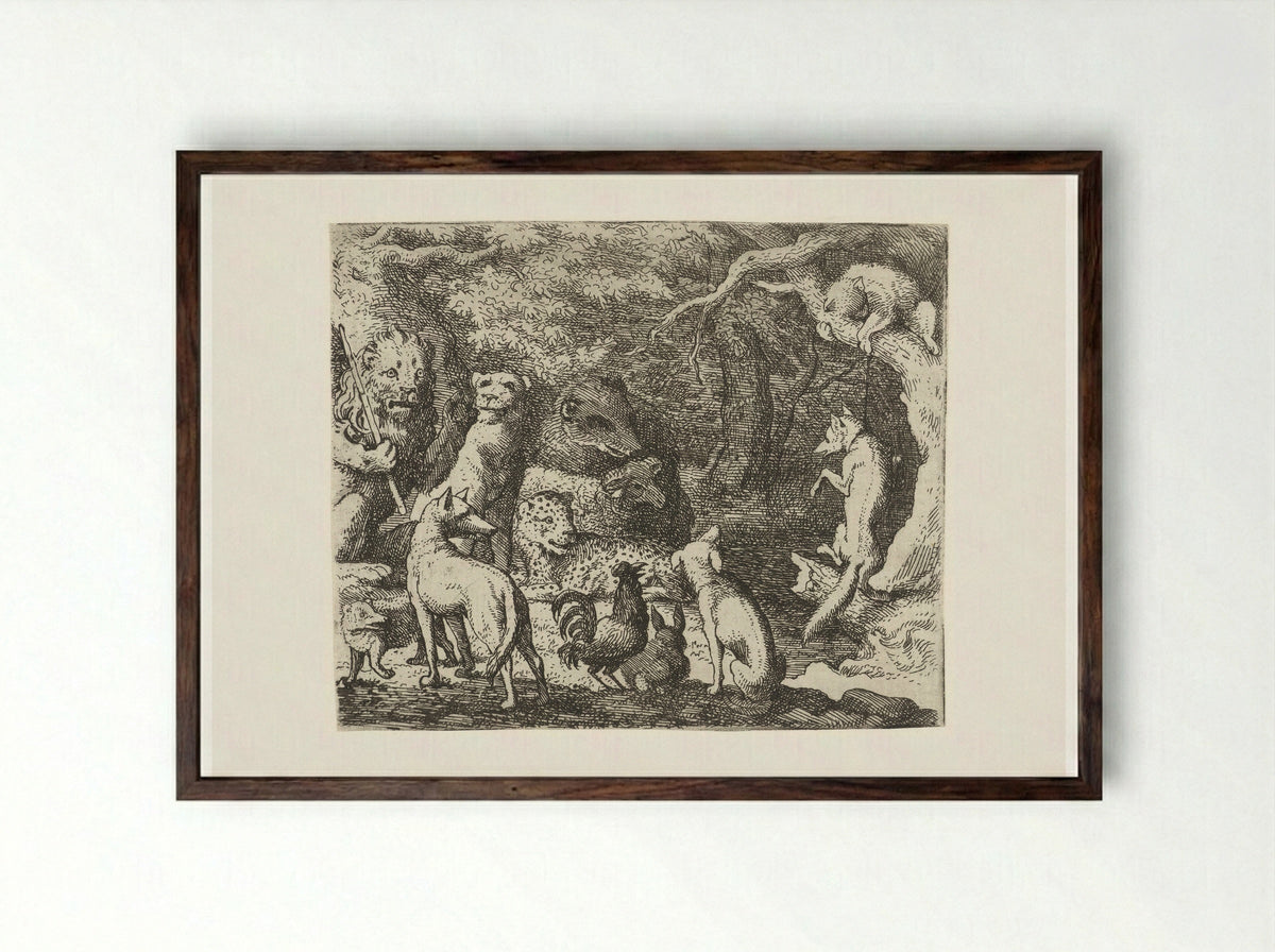 Reinaert de vos vraagt toestemming om te bekennen - Allaert van Everdingen - Framed Print Dark Wood