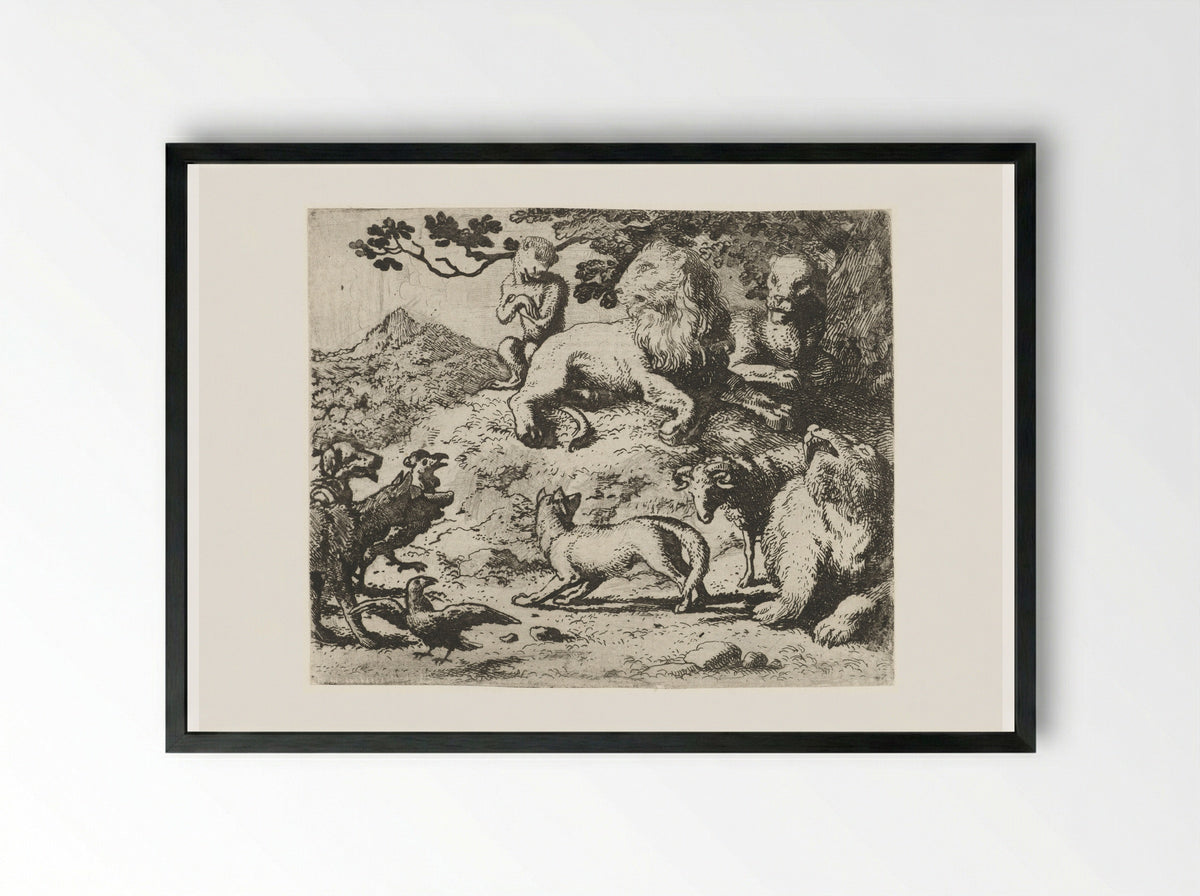 Reinaert de vos' vrijspraak door de dieren aangeklaagd - Allaert van Everdingen - Framed Print Black