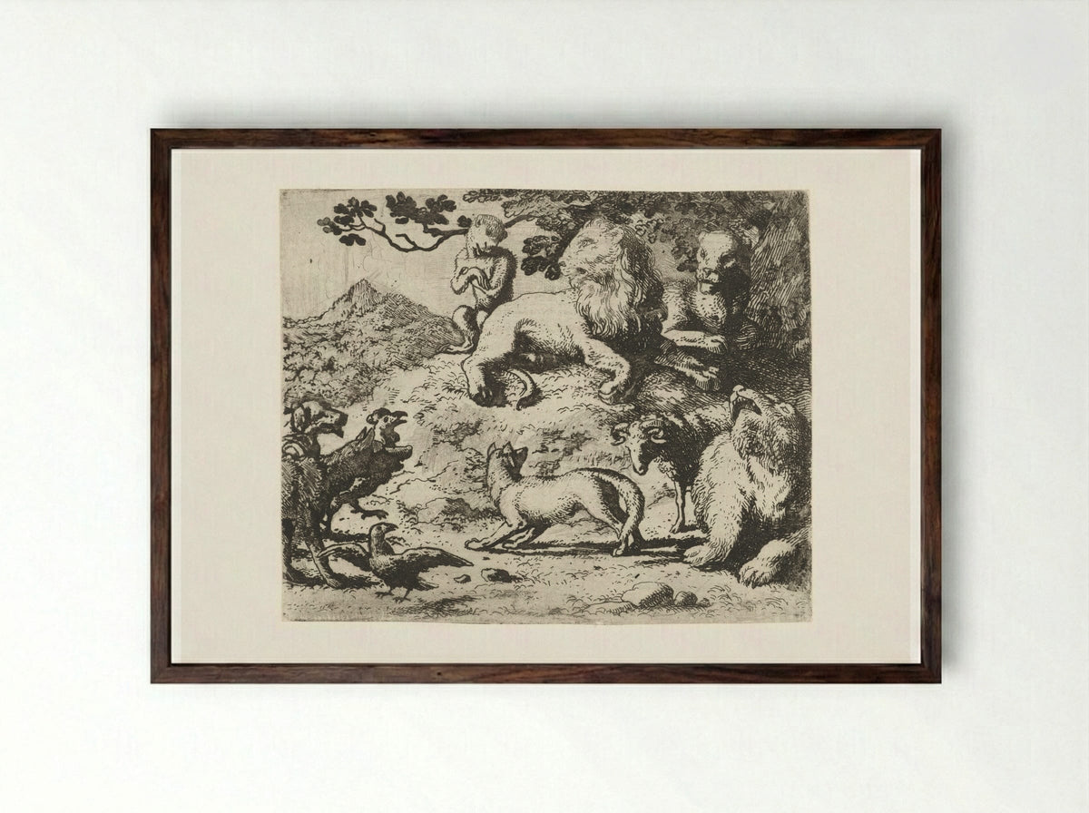 Reinaert de vos' vrijspraak door de dieren aangeklaagd - Allaert van Everdingen - Framed Print Dark Wood