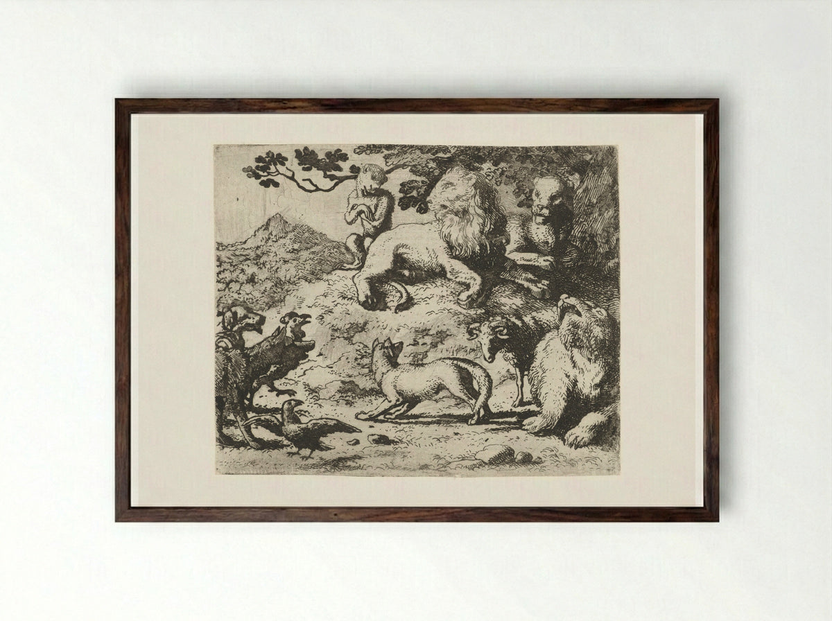 Reinaert de vos' vrijspraak door de dieren aangeklaagd - Allaert van Everdingen - Framed Print Dark Wood