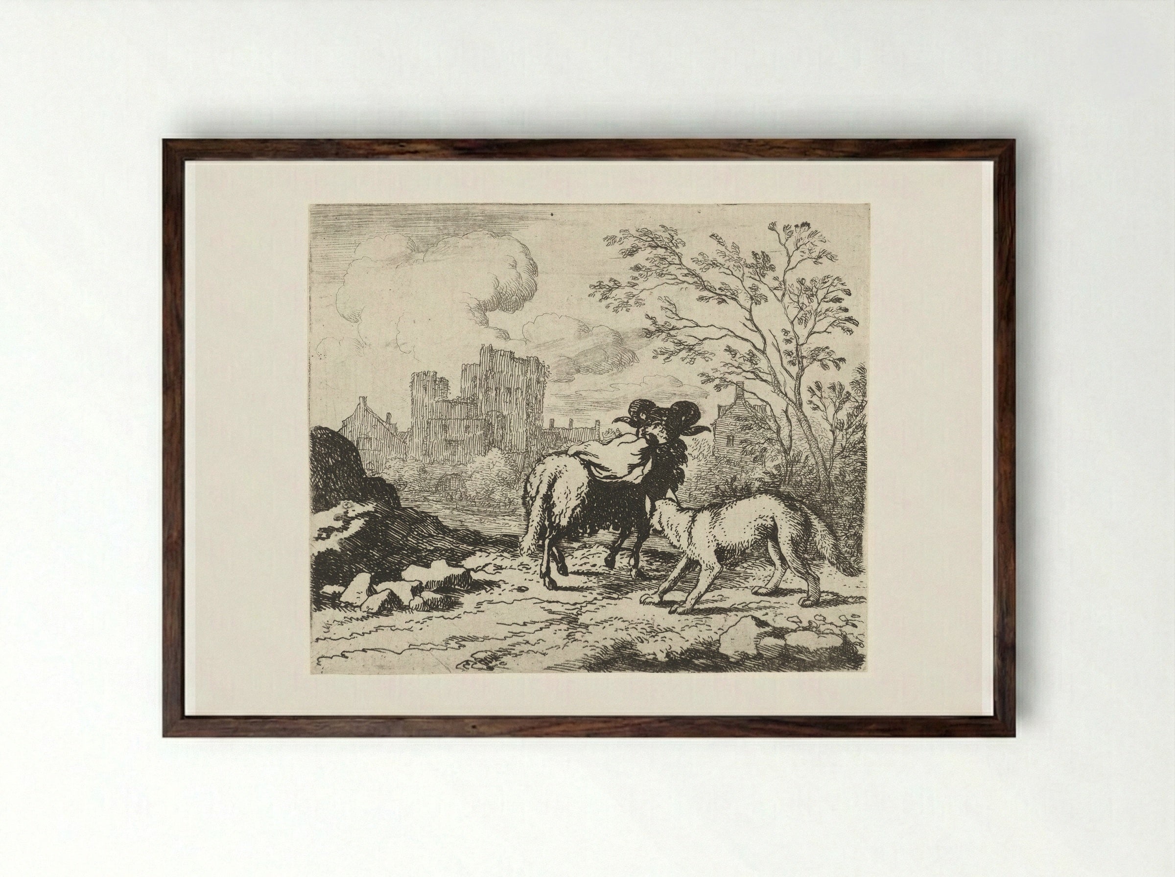 Reinaert laat een pakket naar koning Nobel brengen - Allaert van Everdingen - Framed Print Dark Wood