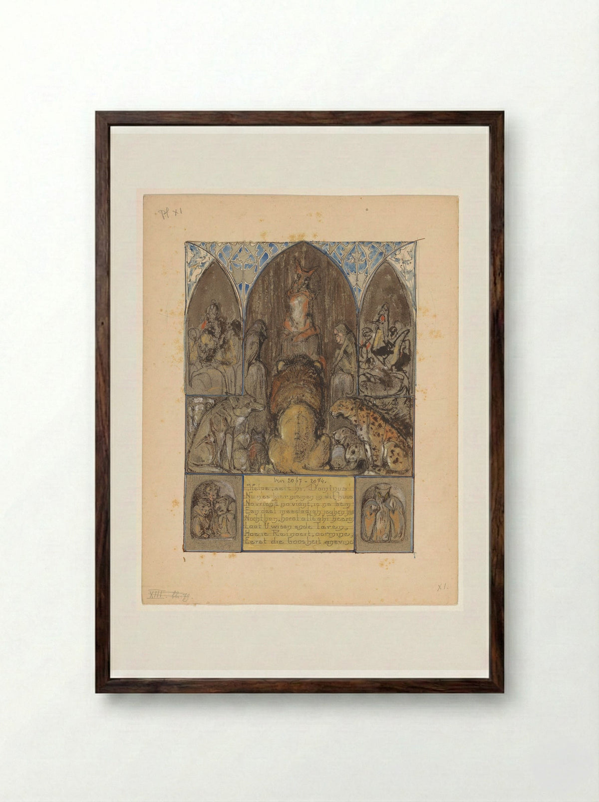 Reinaert spreekt tot koning Nobel en de verzamelde dieren - Bernard Willem Wierink - Framed Print Dark Wood
