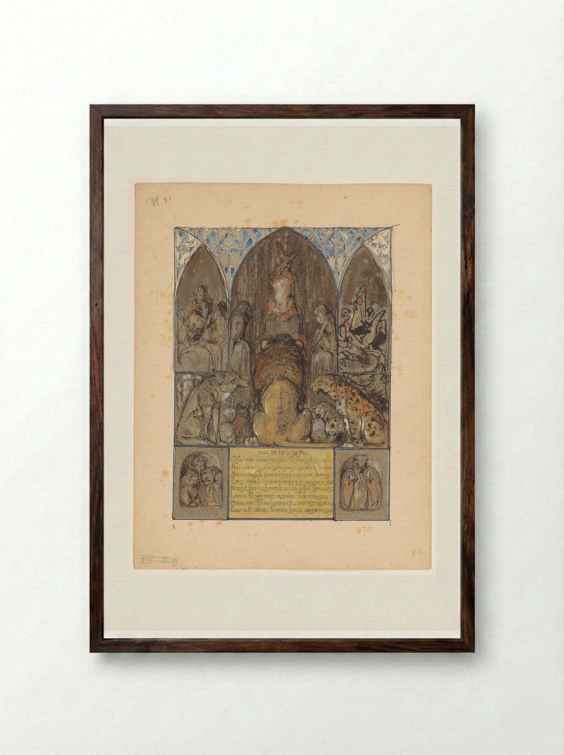 Reinaert spreekt tot koning Nobel en de verzamelde dieren - Bernard Willem Wierink - Framed Print Dark Wood