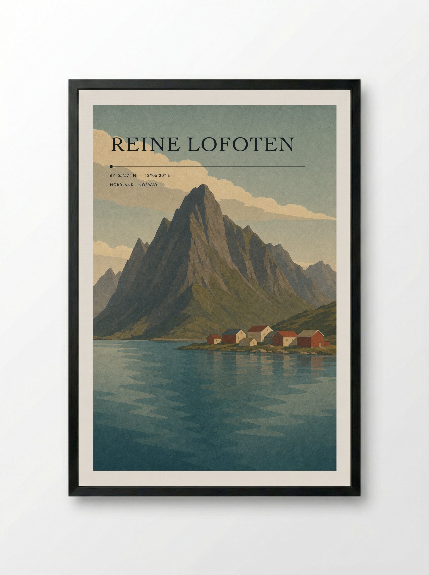 Reine Lofoten Travel Poster Artwork - Framed Print Black