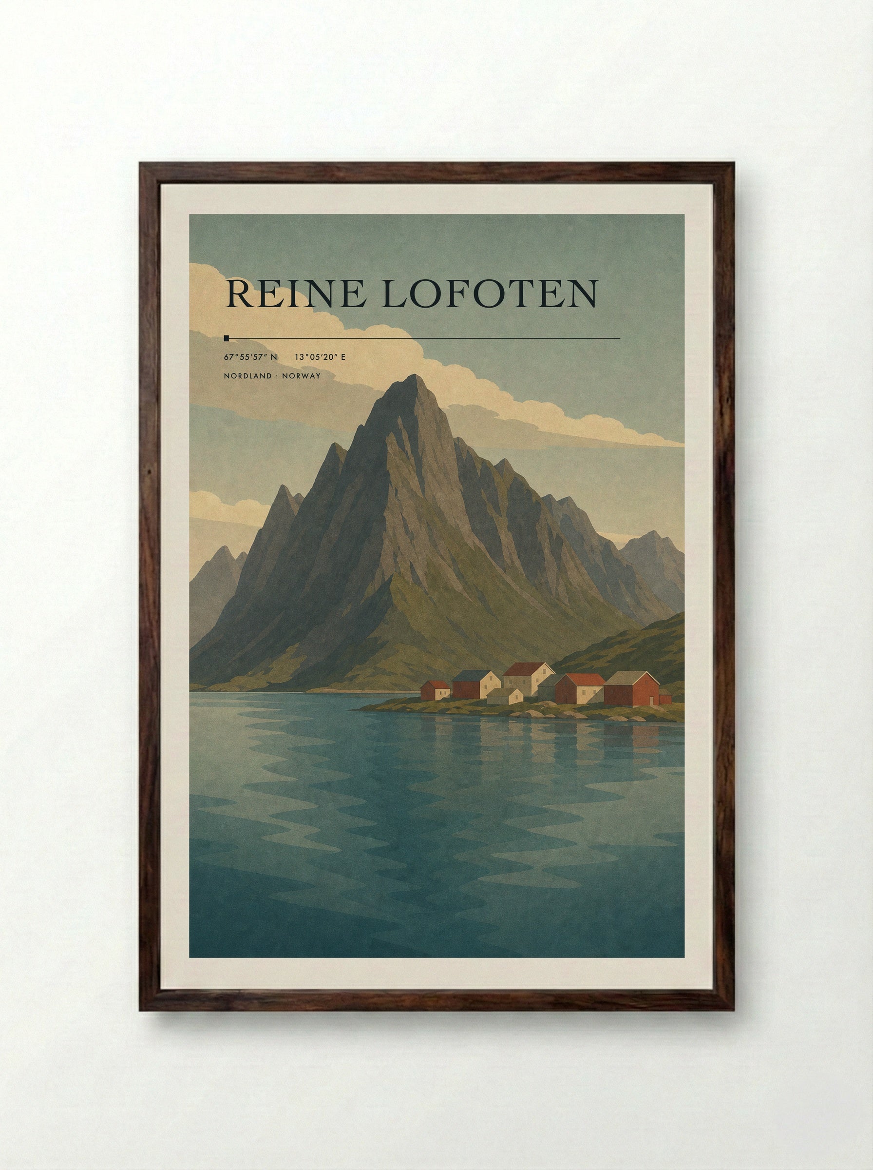 Reine Lofoten Travel Poster Artwork - Framed Print Dark Wood