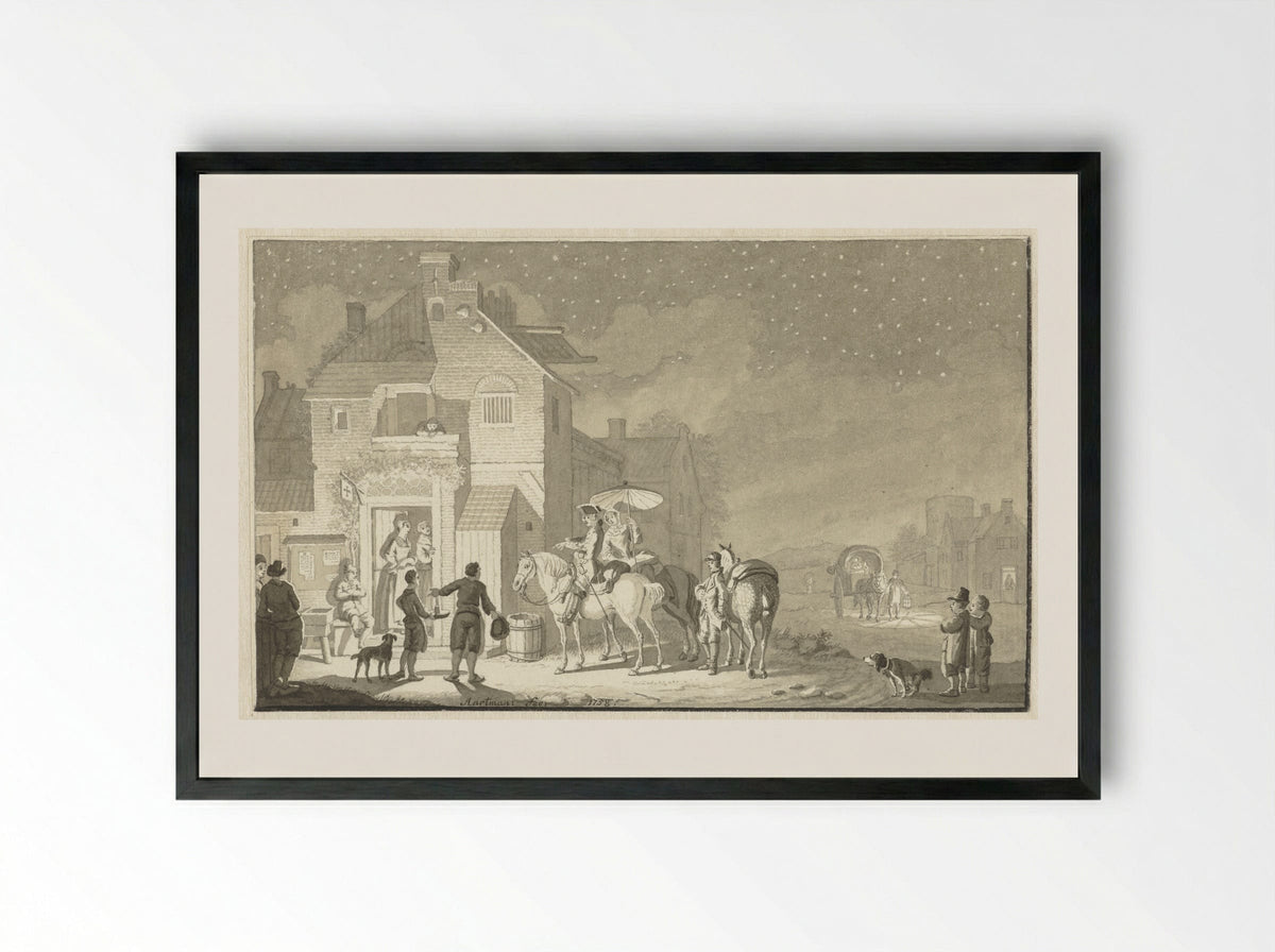 Reisgezelschap voor herberg bij avond - Nicolaes Aartman - Framed Print Black