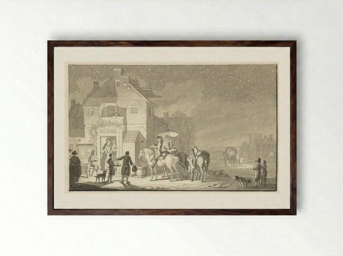 Reisgezelschap voor herberg bij avond - Nicolaes Aartman - Framed Print Dark Wood