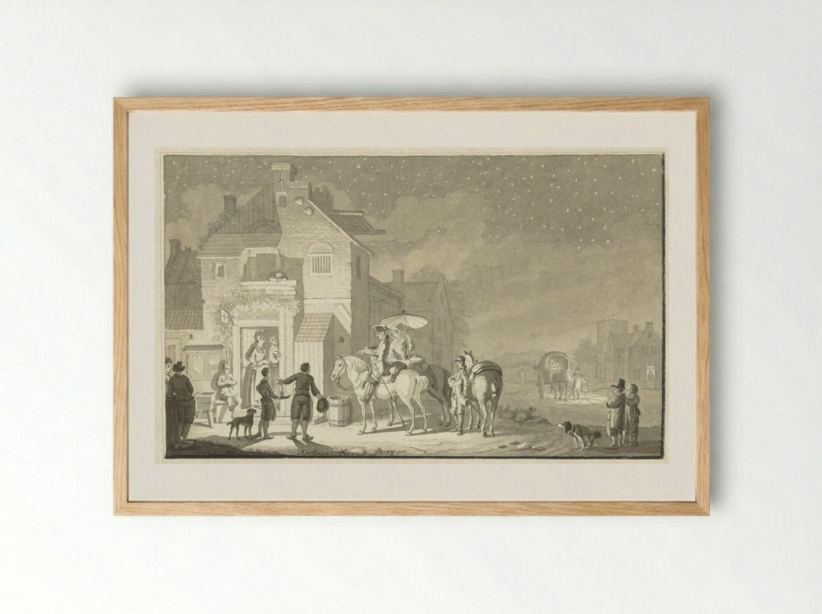 Reisgezelschap voor herberg bij avond - Nicolaes Aartman - Framed Print Wood