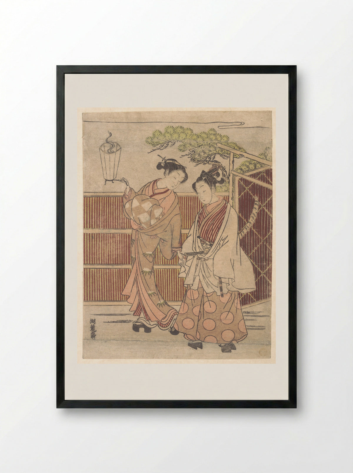 Reizei Carrying a Teshoku (Hand Lantern) - Isoda Koryūsai - Framed Print Black