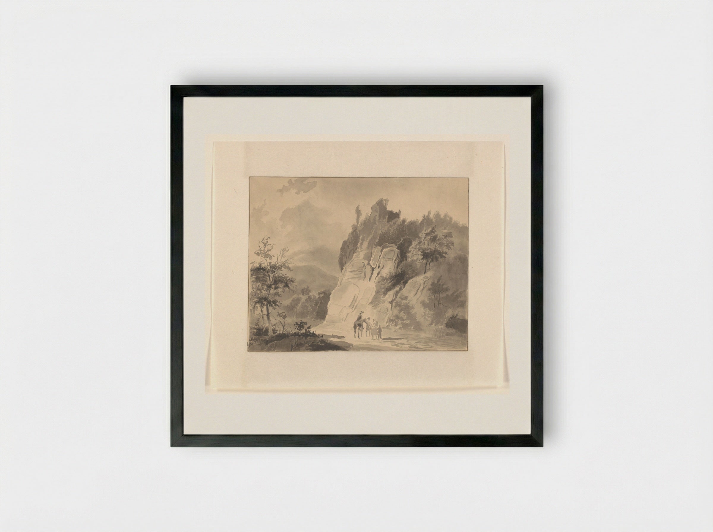 Reizigers bij een rotswand in een berglandschap - Johannes van Reijn - Framed Print Black
