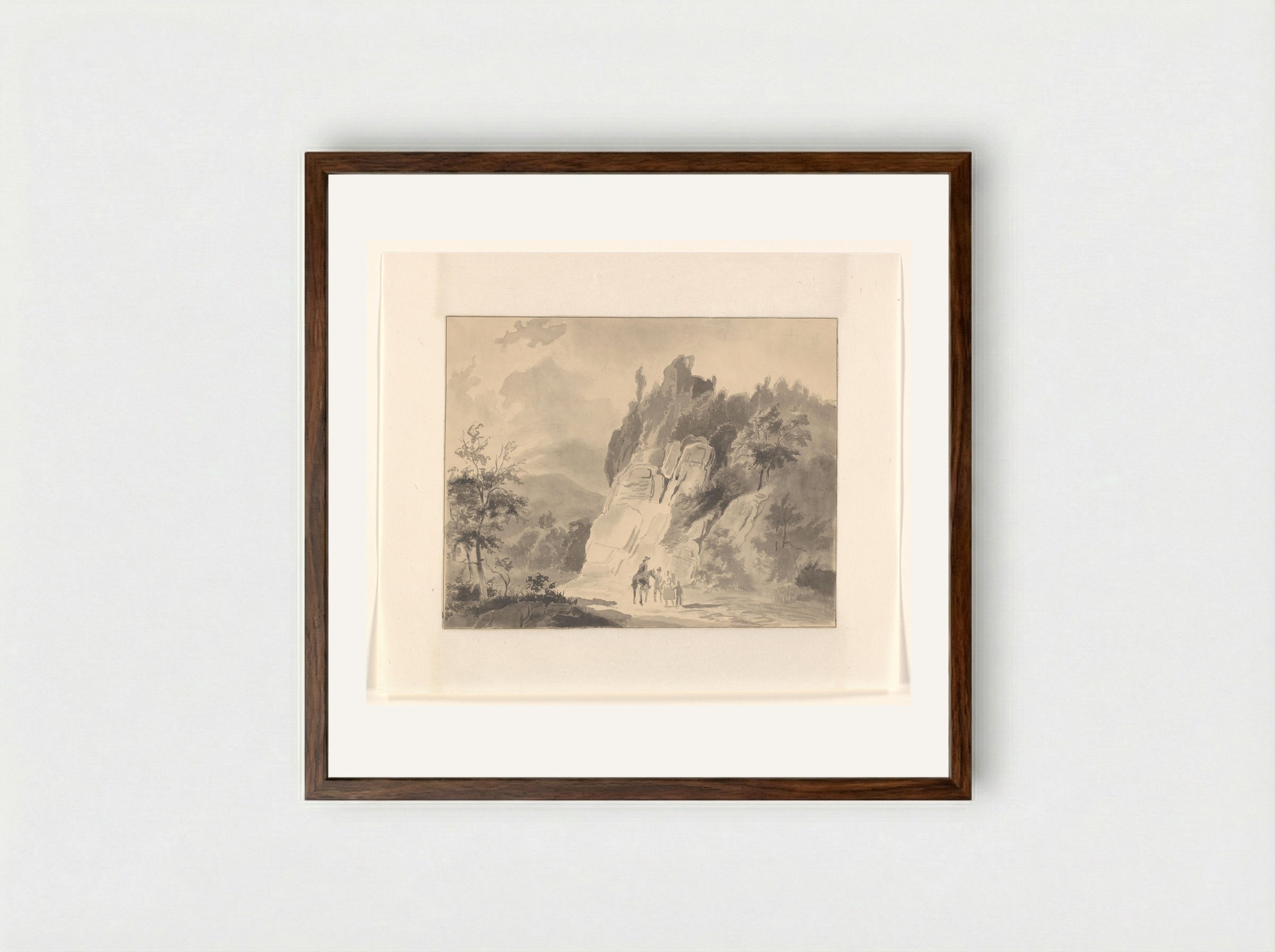 Reizigers bij een rotswand in een berglandschap - Johannes van Reijn - Framed Print Dark Wood