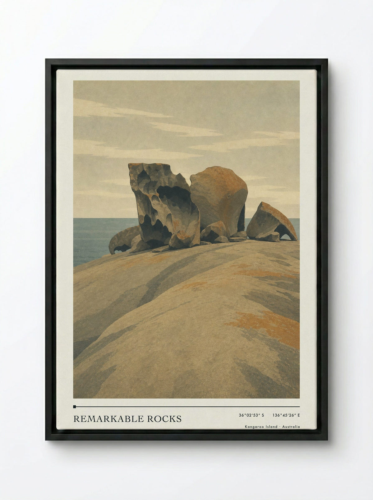 Remarkable Rocks Travel Poster Artwork - Framed Canvas Black
