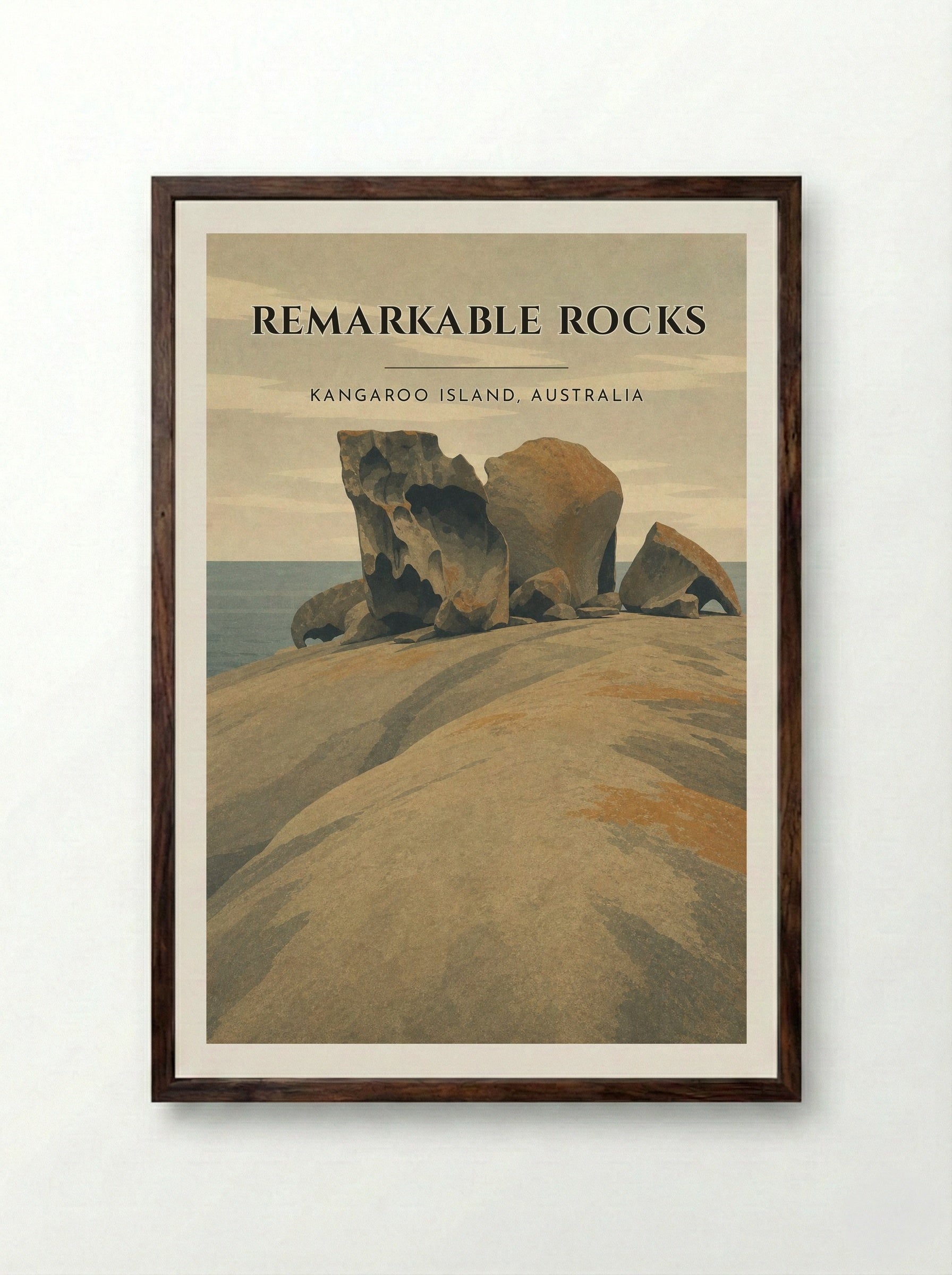 Remarkable Rocks Travel Poster Artwork - Framed Print Dark Wood