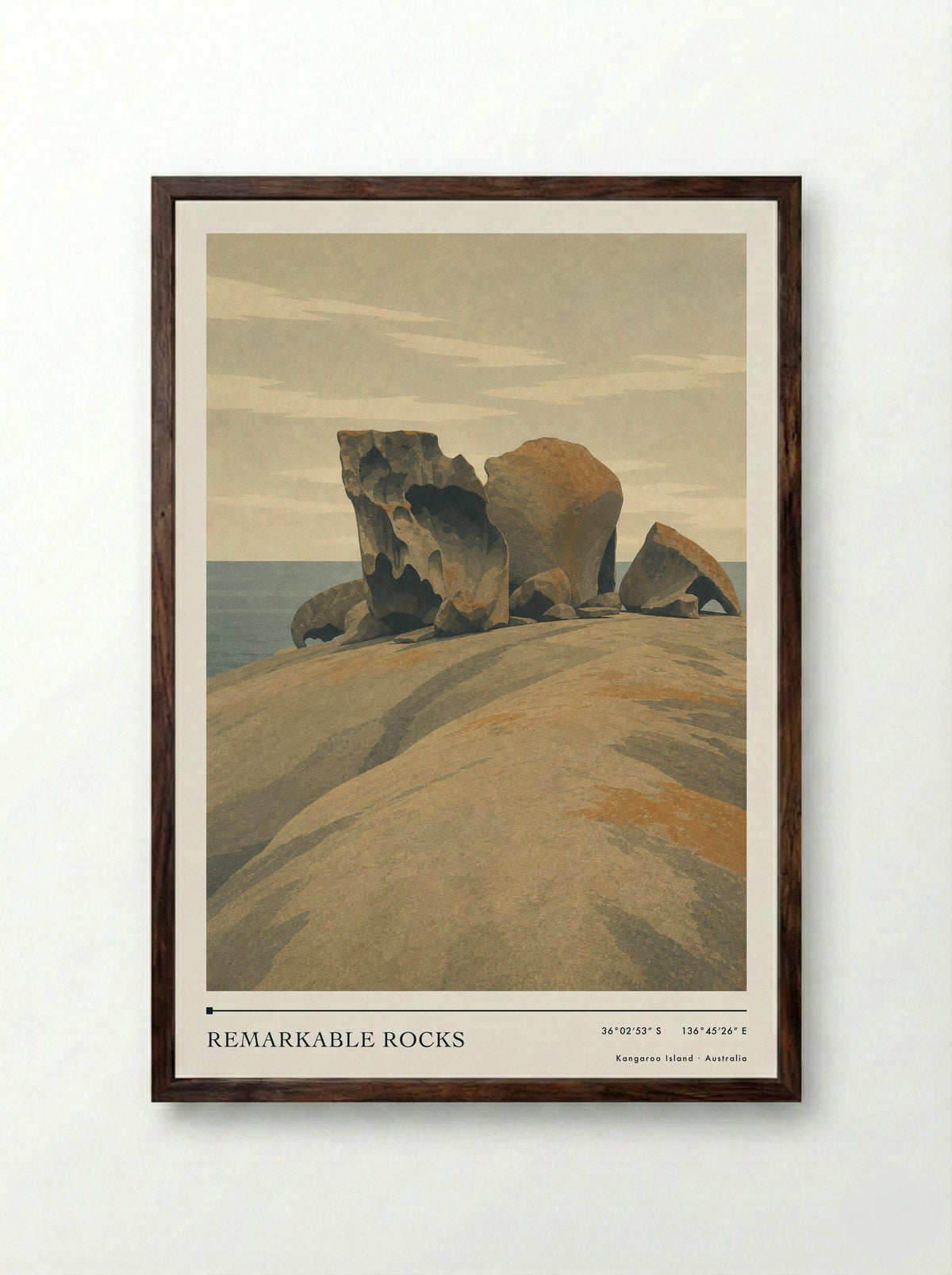 Remarkable Rocks Travel Poster Artwork - Framed Print Dark Wood