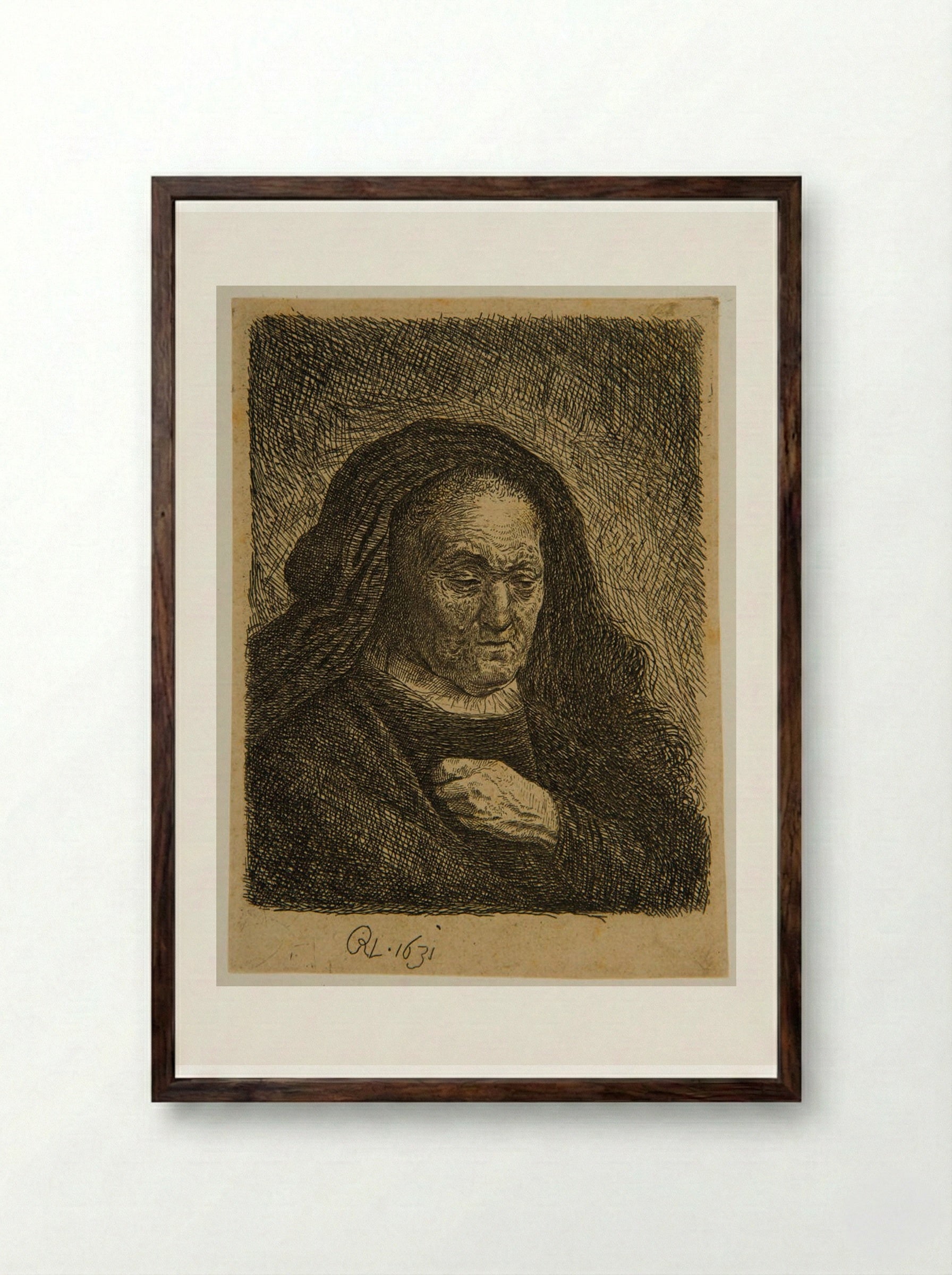 Rembrandt's Mother with her Hand on her Breast - David Deuchar - Framed Print Dark Wood