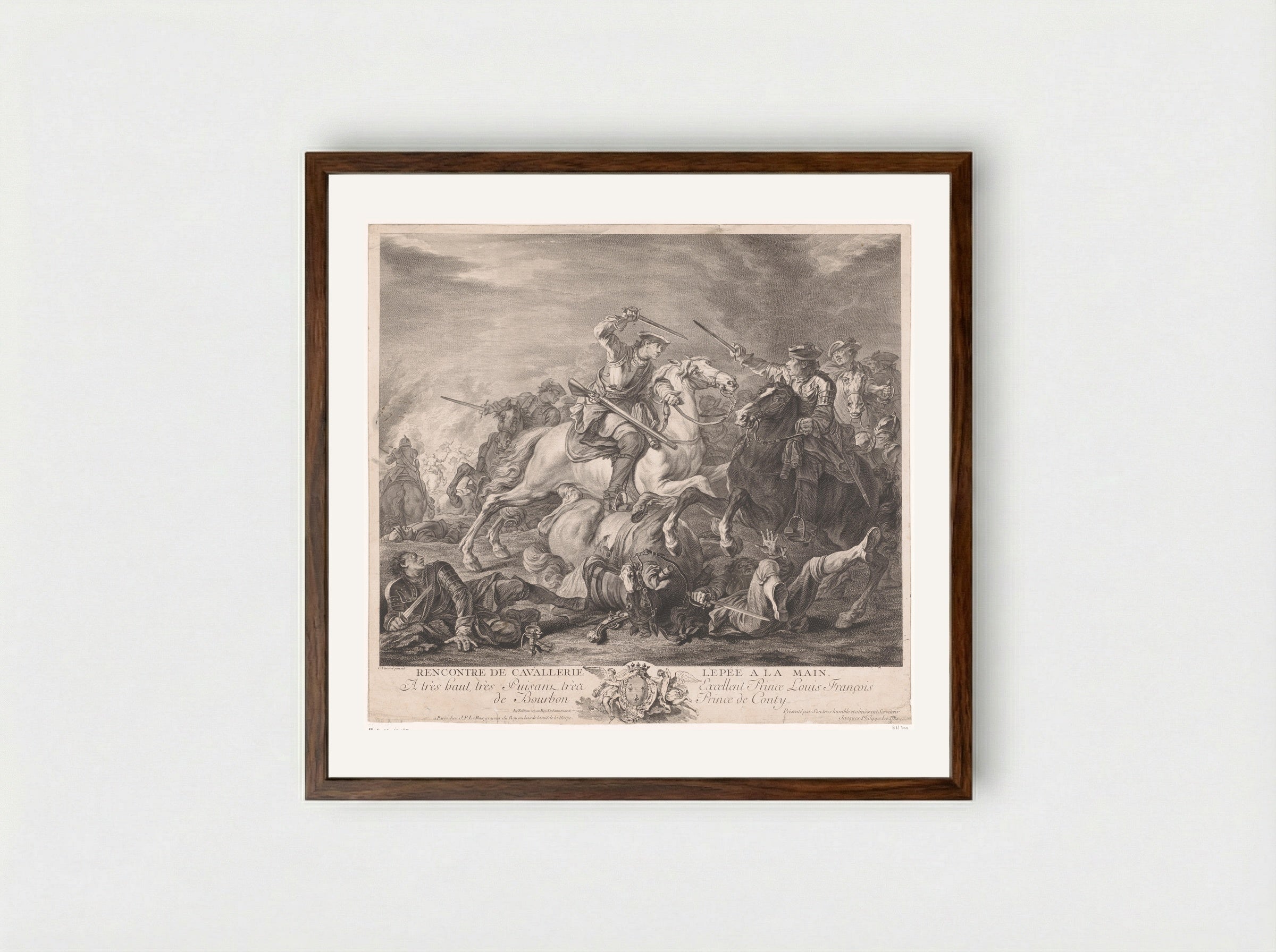 Rencontre de cavalerie, l'épée à la main - Jacques-Philippe Le Bas - Framed Print Dark Wood