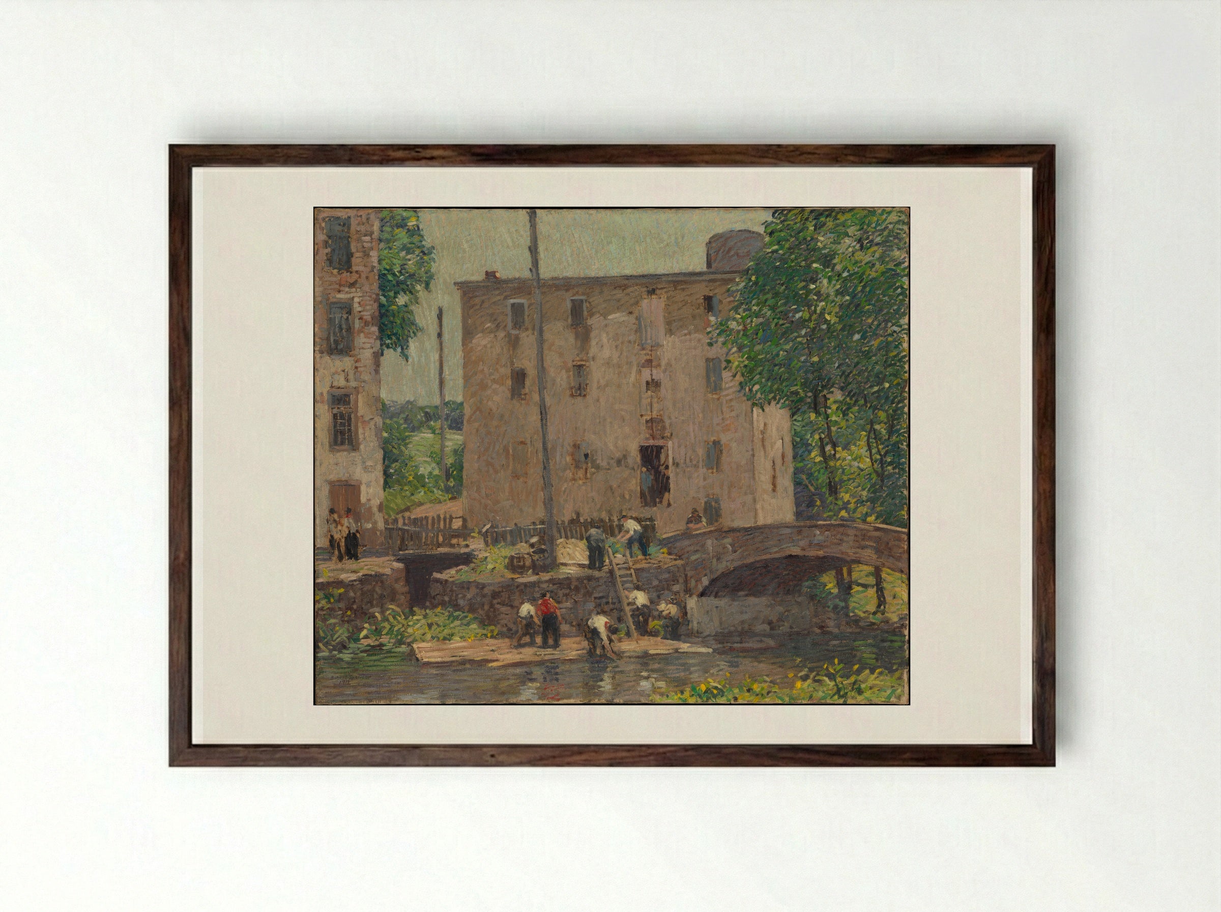 Repairing the Bridge - Robert Spencer - Framed Print Dark Wood