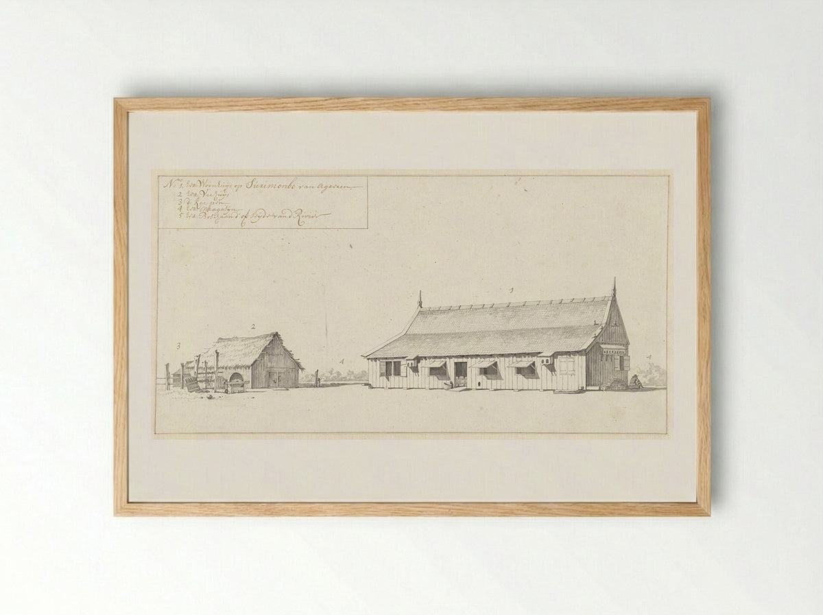Residence and a Barn on the Surimombo Plantation - Dirk Valkenburg - Framed Print Wood