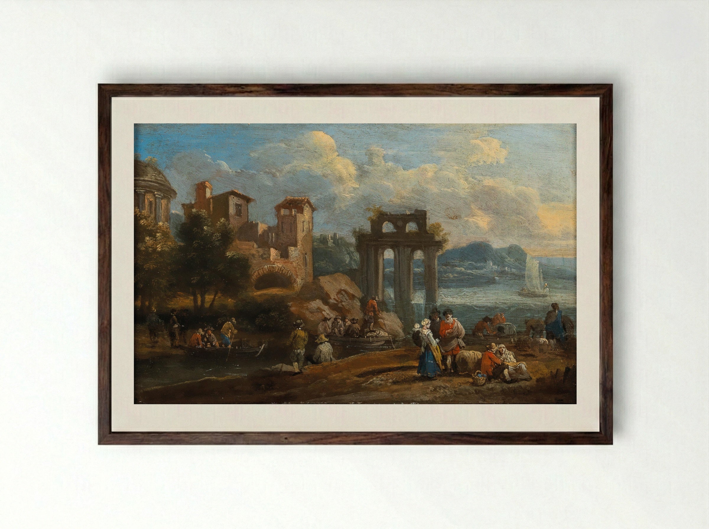 Resting Sportsmen near a Fountain of Neptune - Pieter Bout - Framed Print Dark Wood