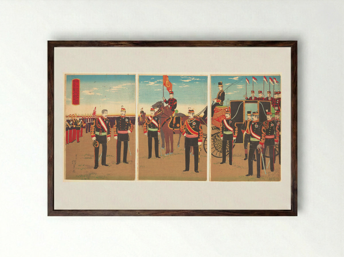 Review of Troops at the Aoyama Parade Grounds - Inoue Yasuji - Framed Print Dark Wood