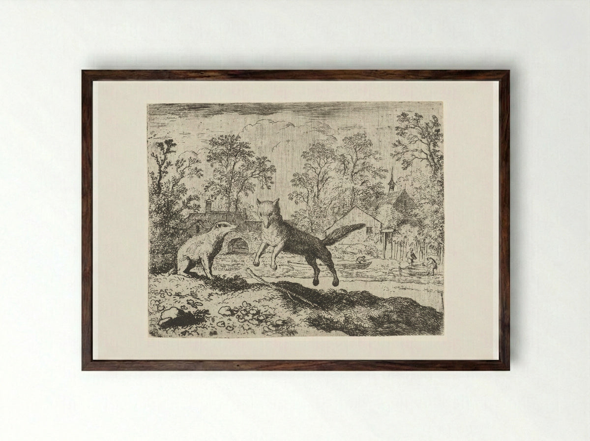 Reynard the Fox Confessing to Grimbert the Badger - Allaert van Everdingen - Framed Print Dark Wood