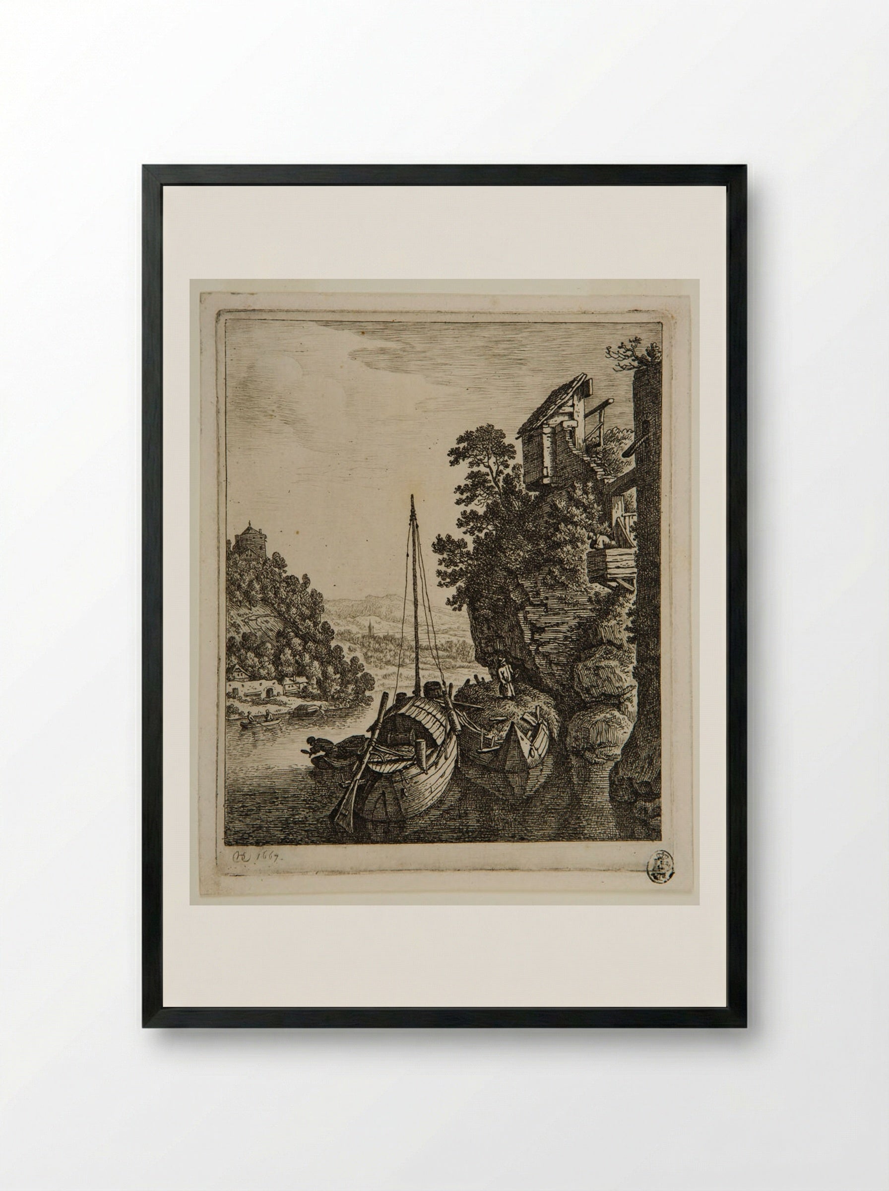 Rhine Landscape with Two Boats - Herman Saftleven - Framed Print Black