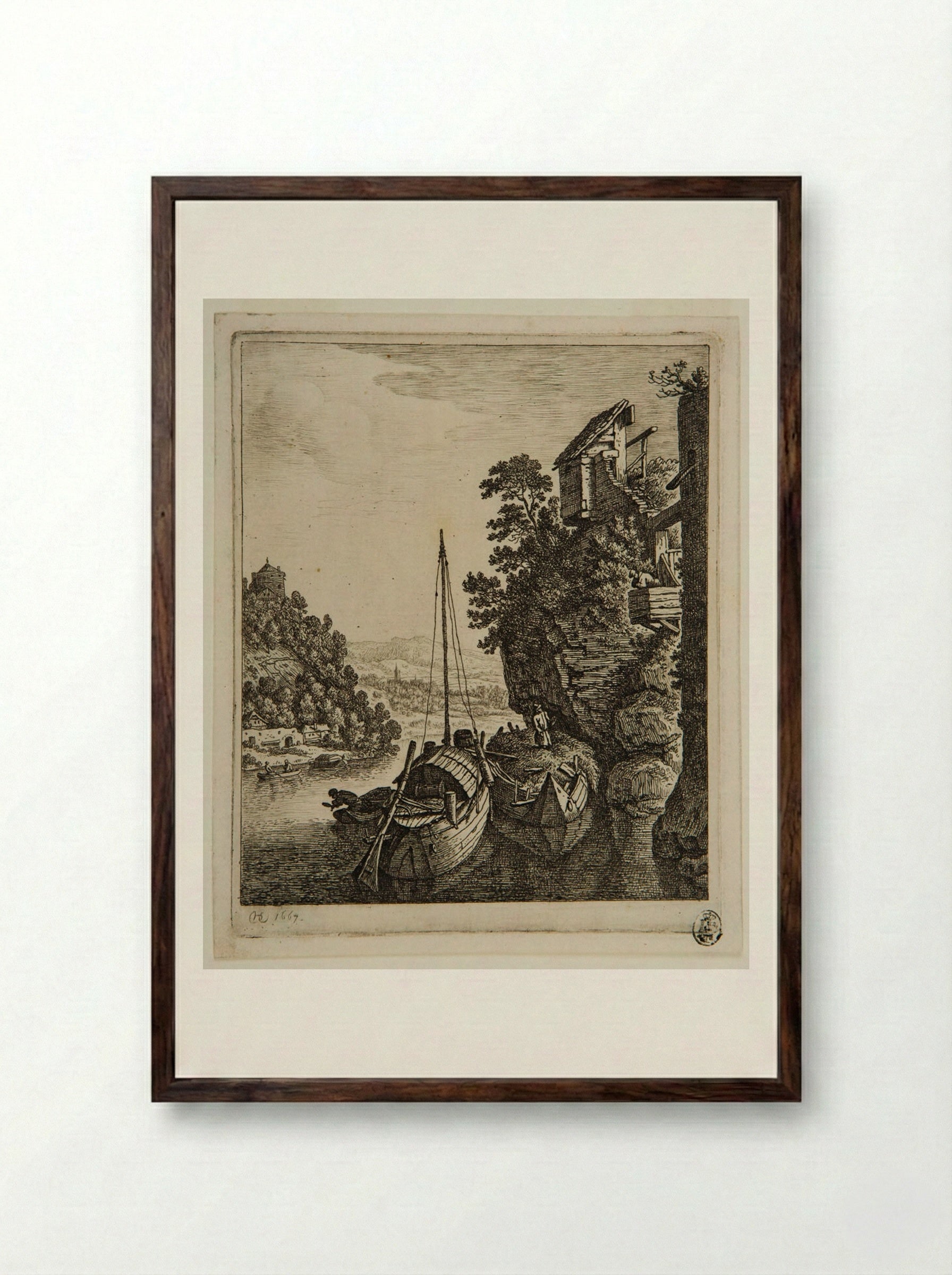 Rhine Landscape with Two Boats - Herman Saftleven - Framed Print Dark Wood