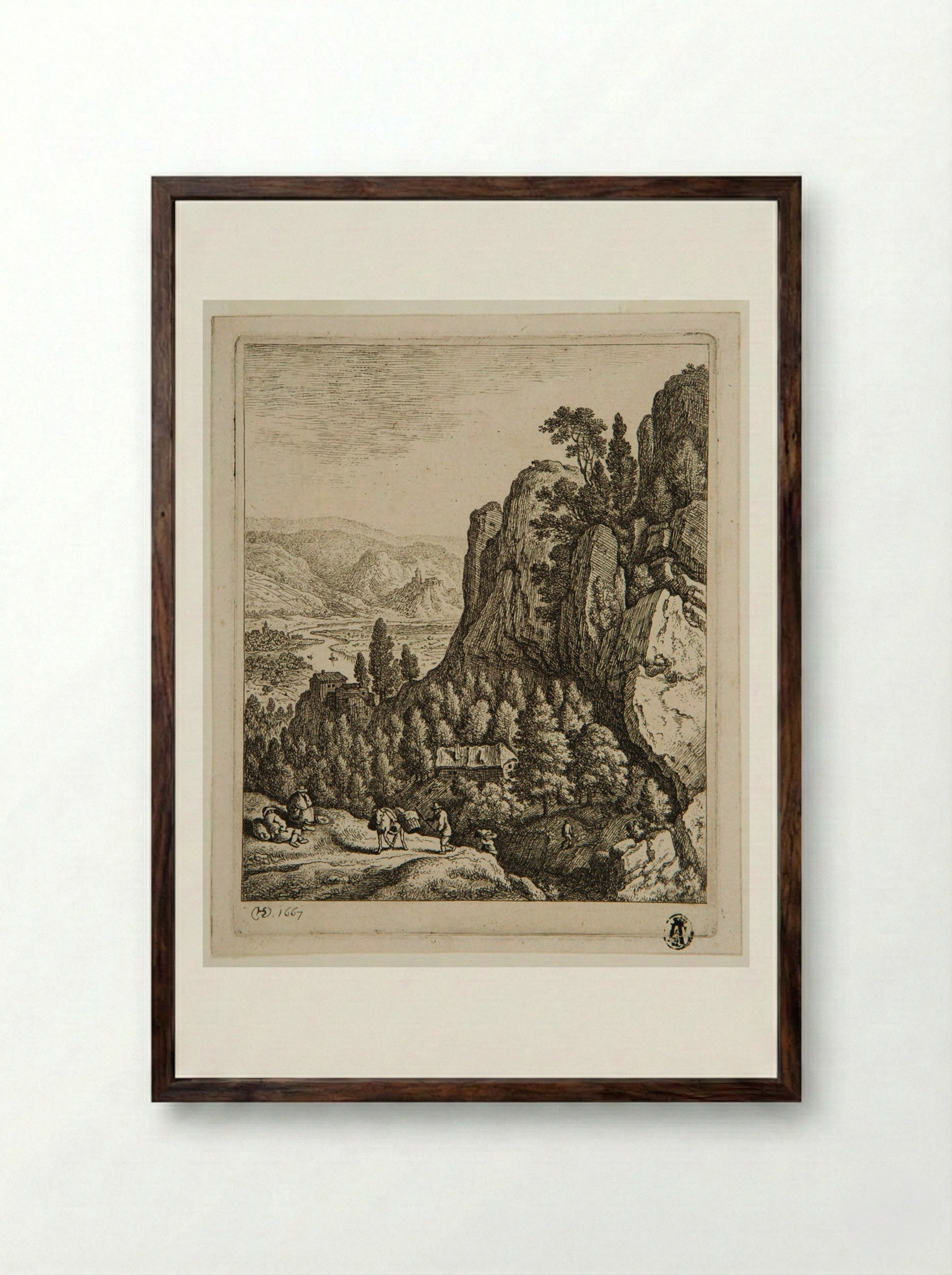 Rhine Landscape with a House at the Base of a Cliff - Herman Saftleven - Framed Print Dark Wood