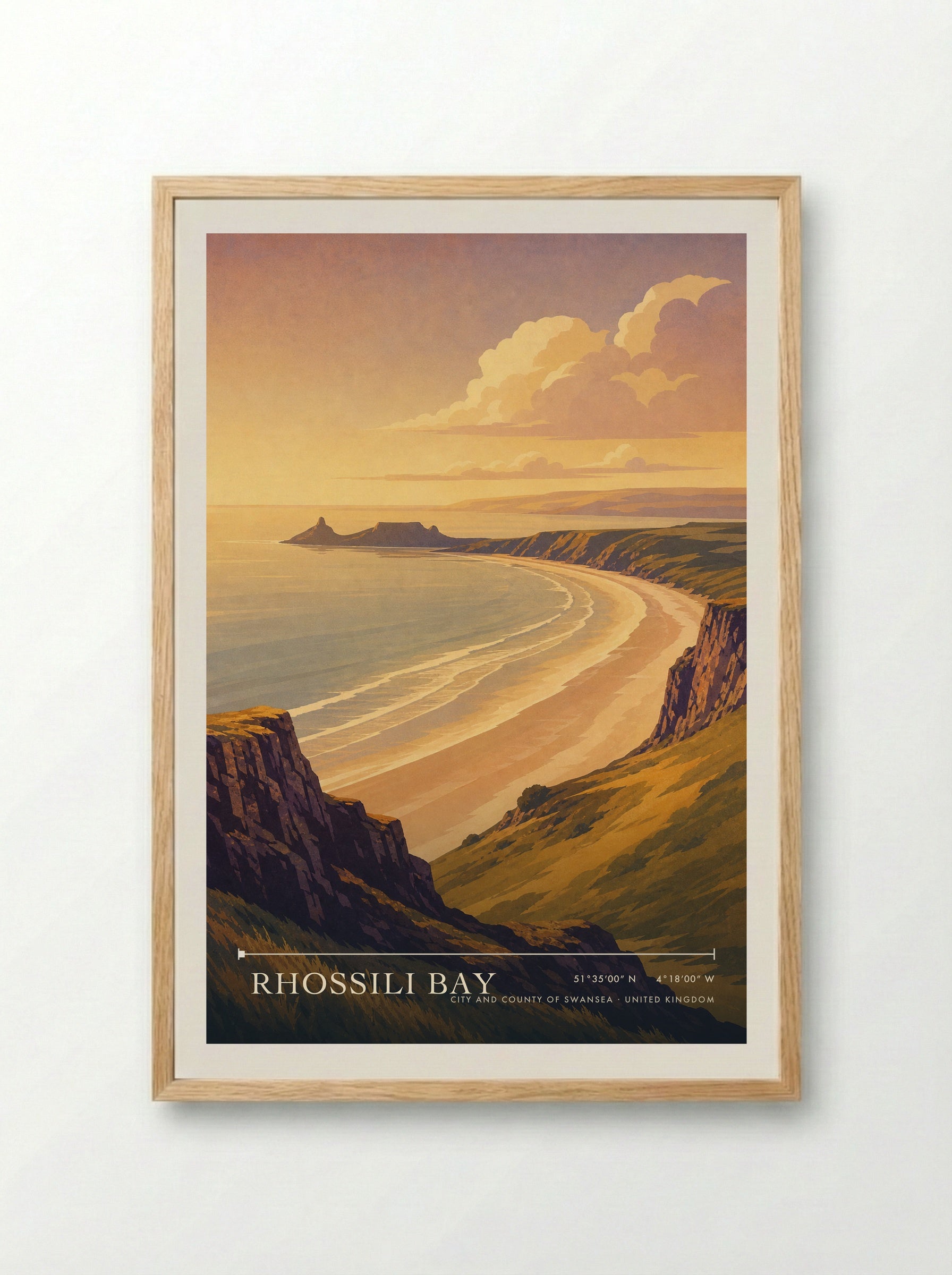 Rhossili Bay City and County of Swansea United Kingdom Travel Poster - Framed Print Wood