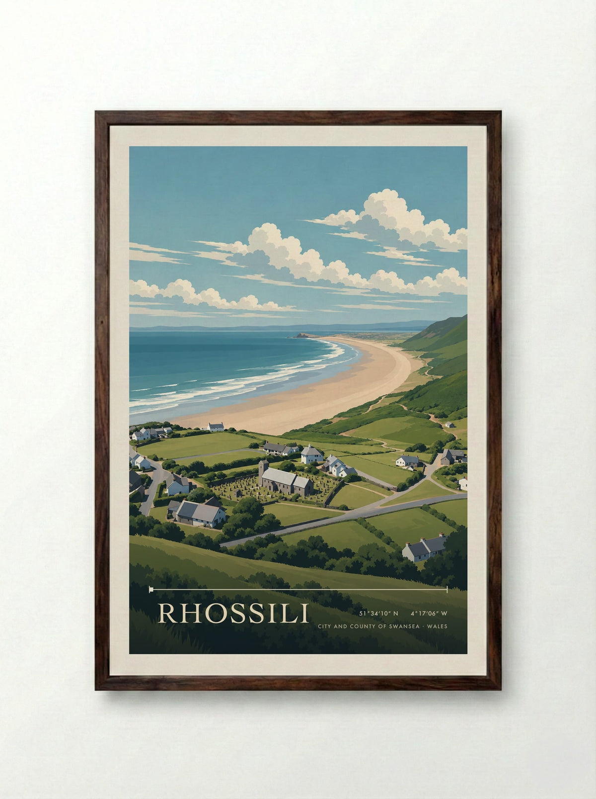 Rhossili, City and County of Swansea | Travel Poster - Framed Print Dark Wood