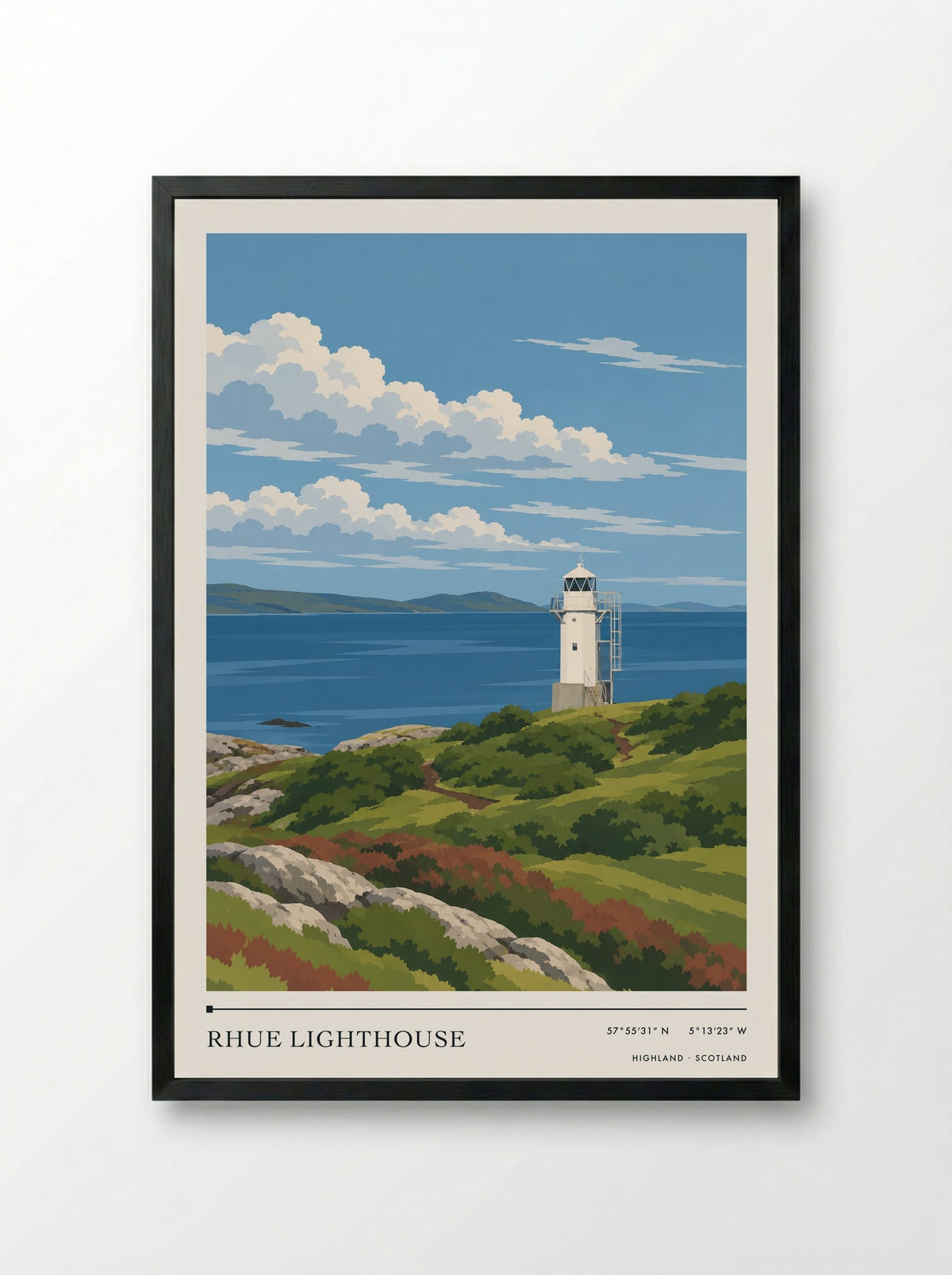 Rhue Lighthouse, Highland | Travel Poster - Framed Print Black