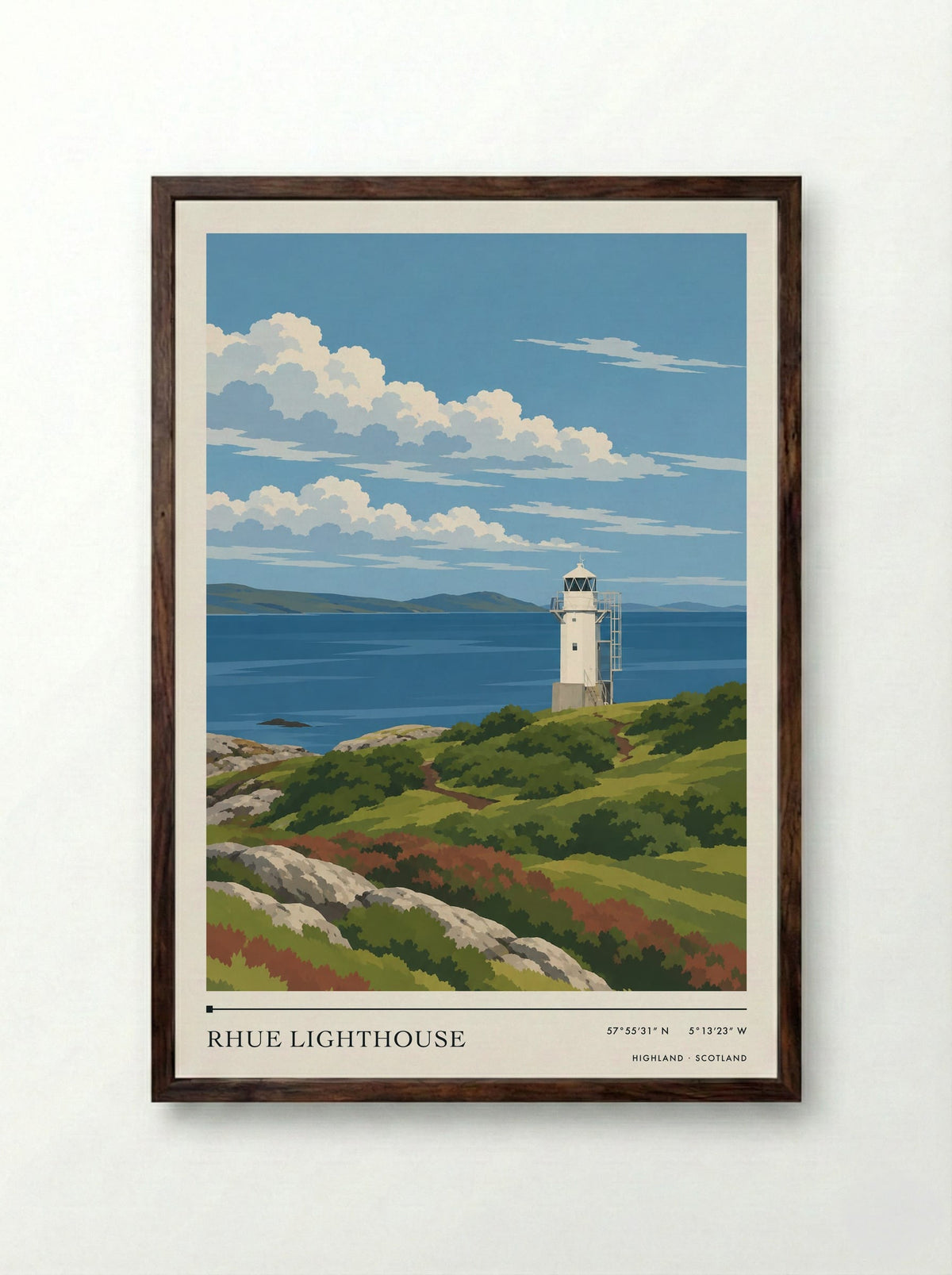 Rhue Lighthouse, Highland | Travel Poster - Framed Print Dark Wood