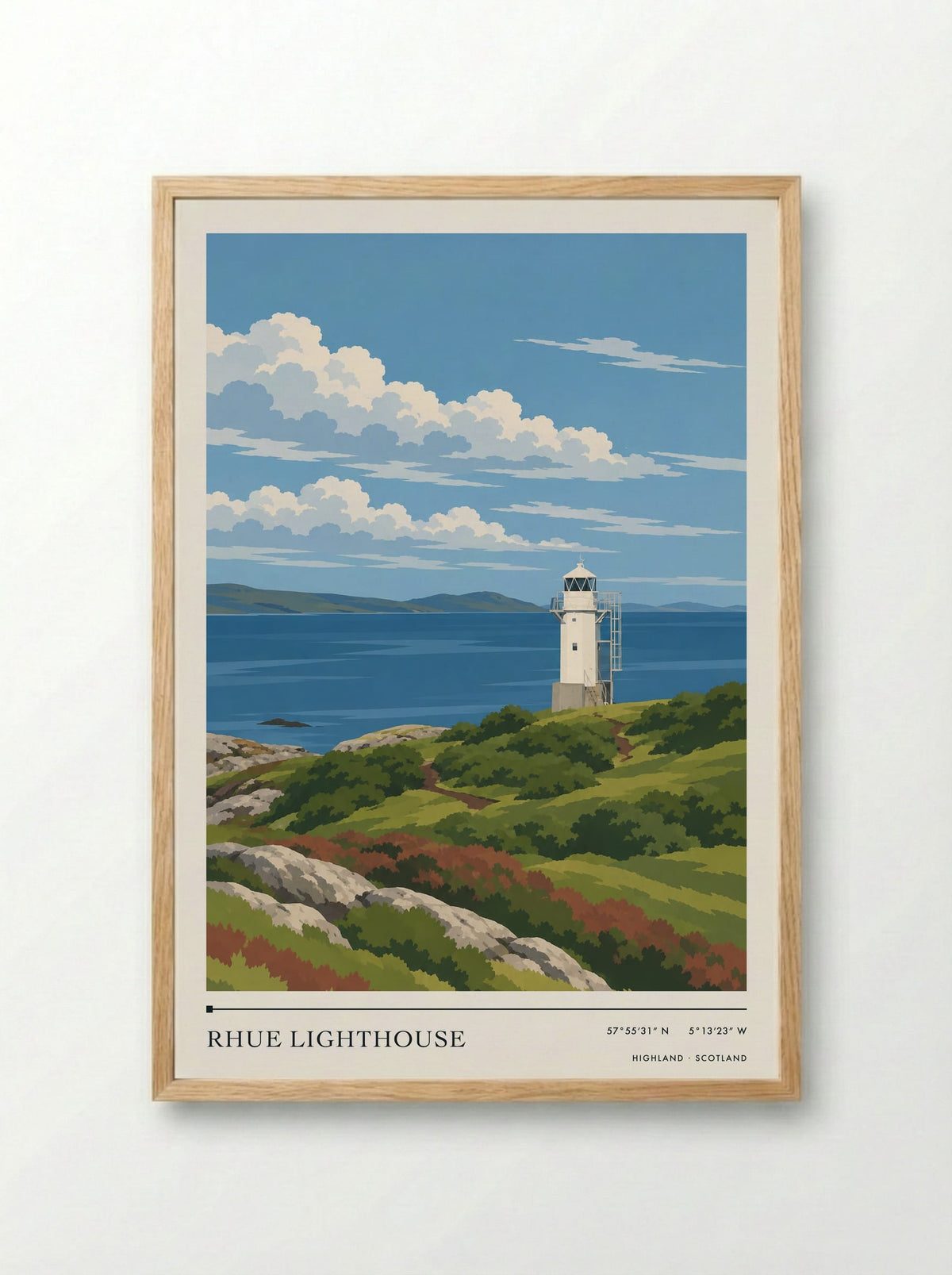 Rhue Lighthouse, Highland | Travel Poster - Framed Print Wood