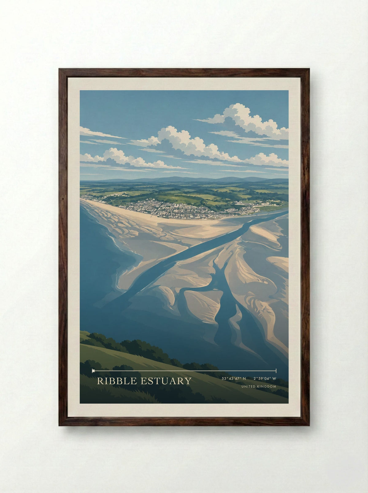 Ribble Estuary | Travel Poster - Framed Print Dark Wood