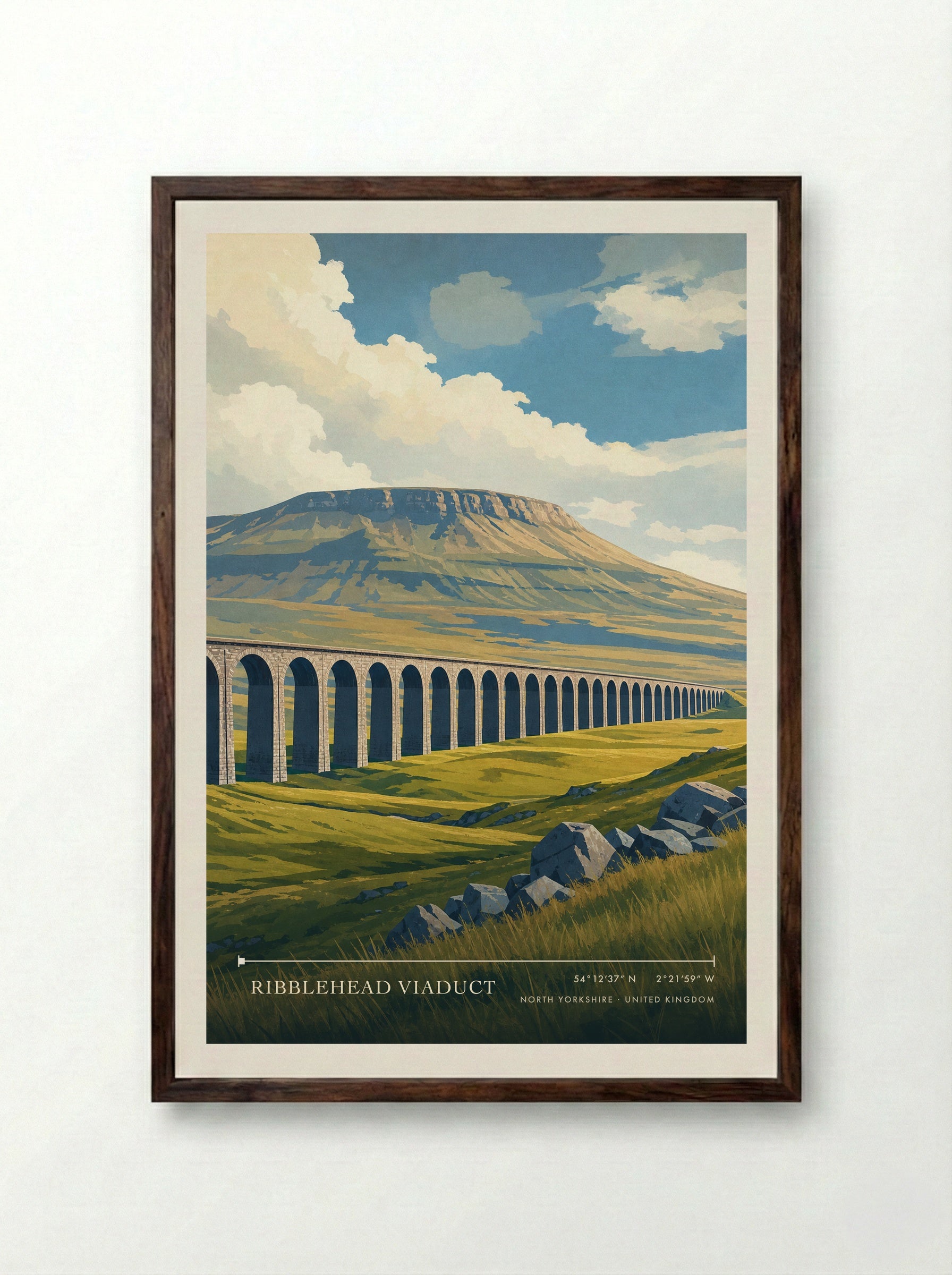 Ribblehead Viaduct North Yorkshire United Kingdom Travel Poster - Framed Print Dark Wood