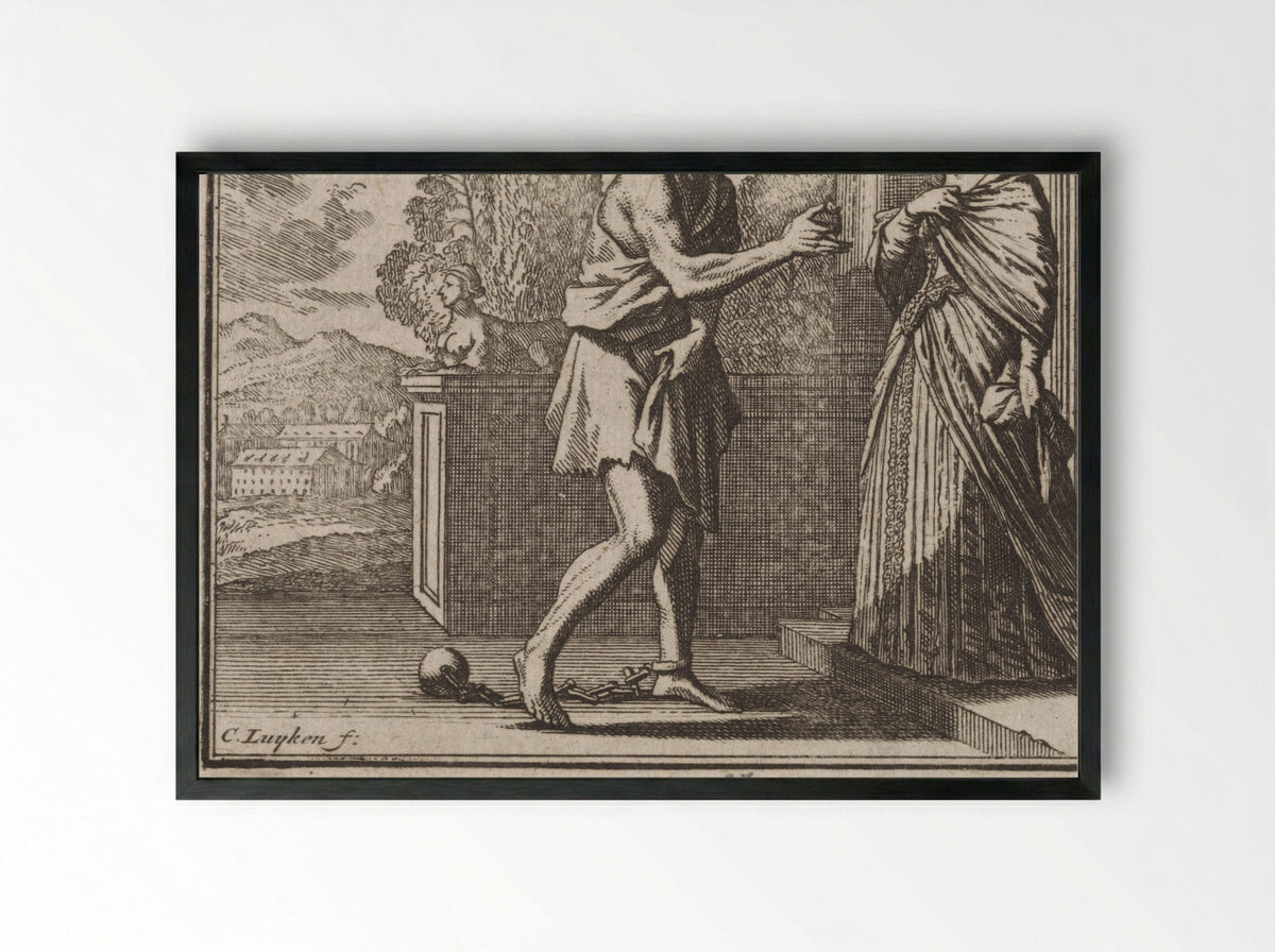 Ridder de Bacheville keert in slavenkleding terug uit gevangenschap - Caspar Luyken - Framed Print Black
