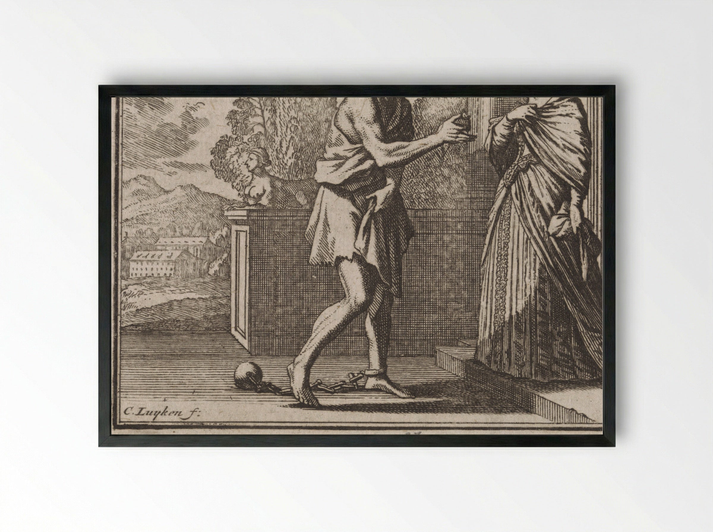 Ridder de Bacheville keert in slavenkleding terug uit gevangenschap - Caspar Luyken - Framed Print Black