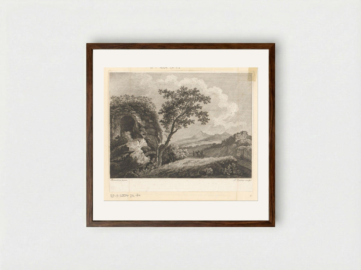 Riders in a Landscape with Ruins - Ludwig Zentner - Framed Print Dark Wood