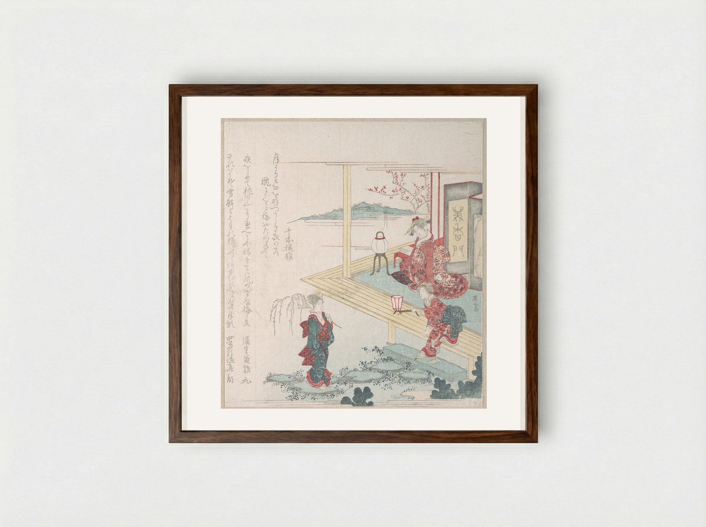 Right View of a Garden with Three Female Figures - Ryūryūkyo Shinsai - Framed Print Dark Wood