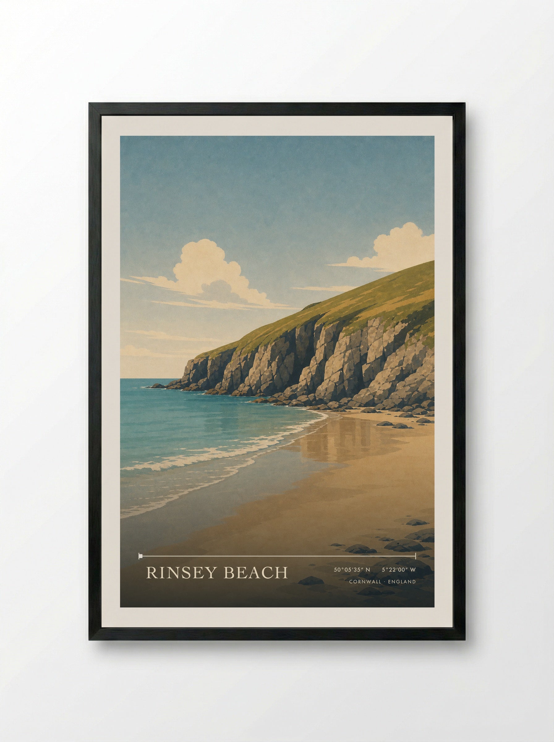Rinsey Beach Cornwall England Travel Poster - Framed Print Black