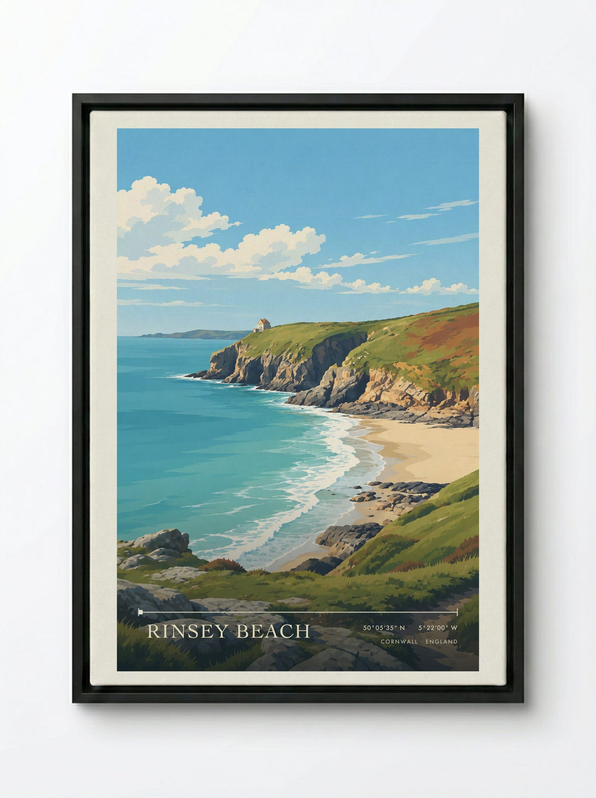 Rinsey Beach, Cornwall | Travel Poster - Framed Canvas Black