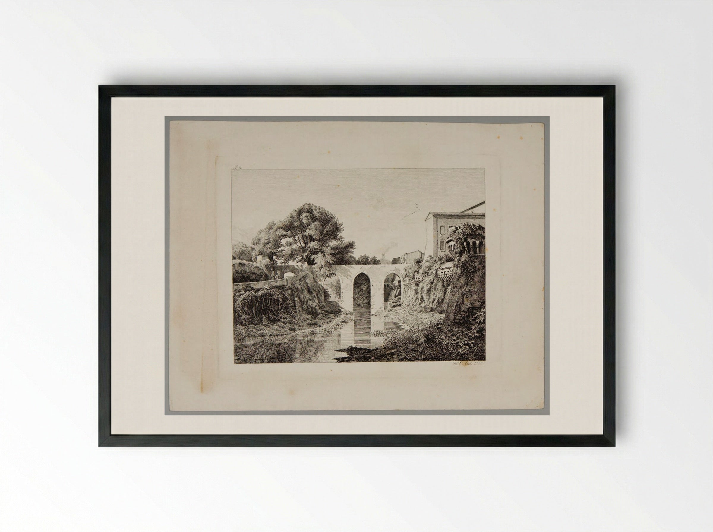 River Bed with Three-Arched Bridge - Johann Hermann Carmiencke - Framed Print Black