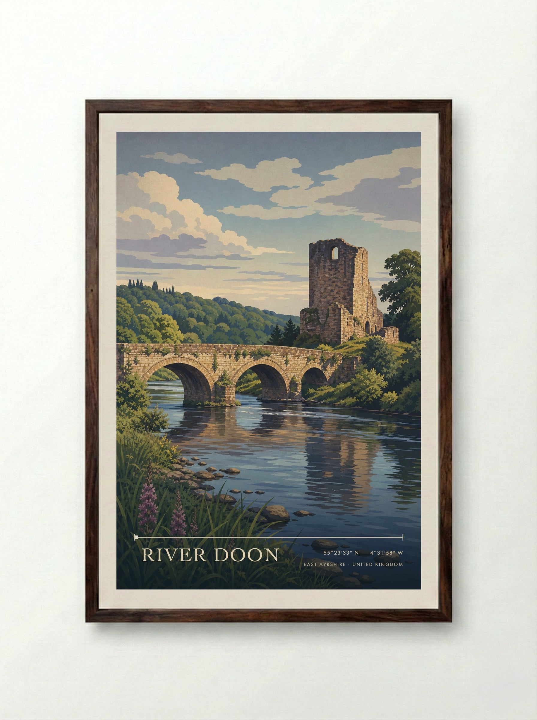 River Doon East Ayrshire United Kingdom Travel Poster - Framed Print Dark Wood