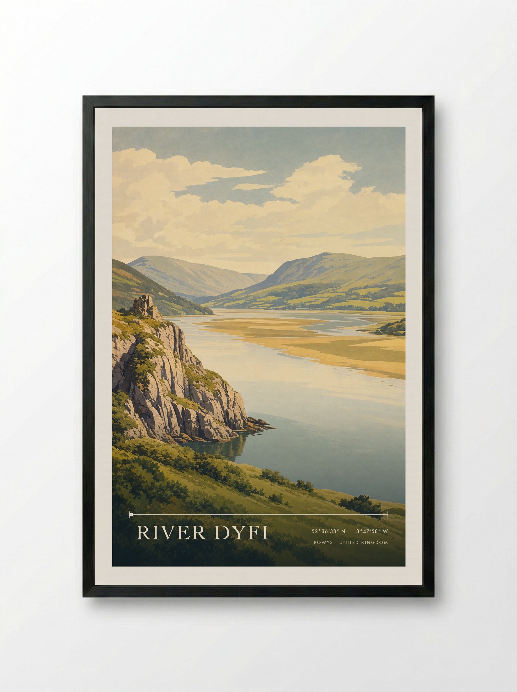 River Dyfi Powys United Kingdom Travel Poster - Framed Print Black