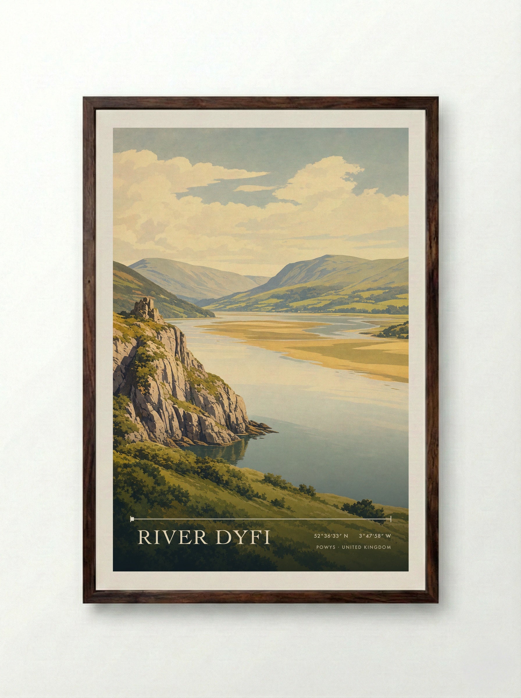 River Dyfi Powys United Kingdom Travel Poster - Framed Print Dark Wood