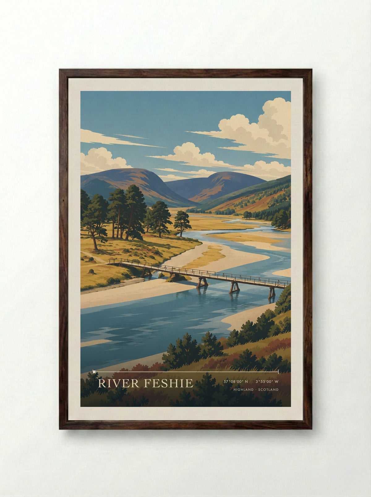 River Feshie, Highland | Travel Poster - Framed Print Dark Wood
